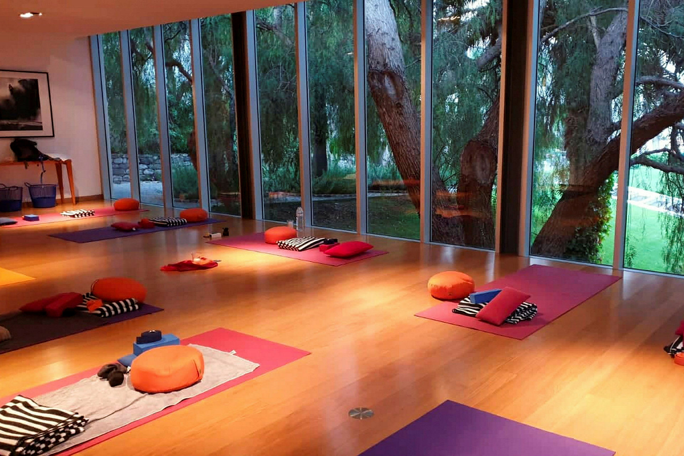 Et rum med yoga- eller meditationsmåtter, puder og tæpper placeret på gulvet, tæt på store vinduer, der viser et grønt område udenfor. (AI-genereret tekst)
