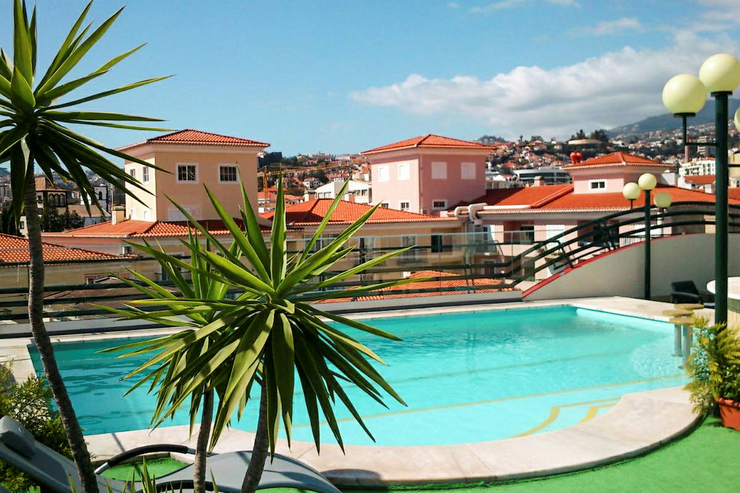 En pool omgivet af grønne områder og en baggrund med huse med røde tegltage. (AI-genereret tekst)