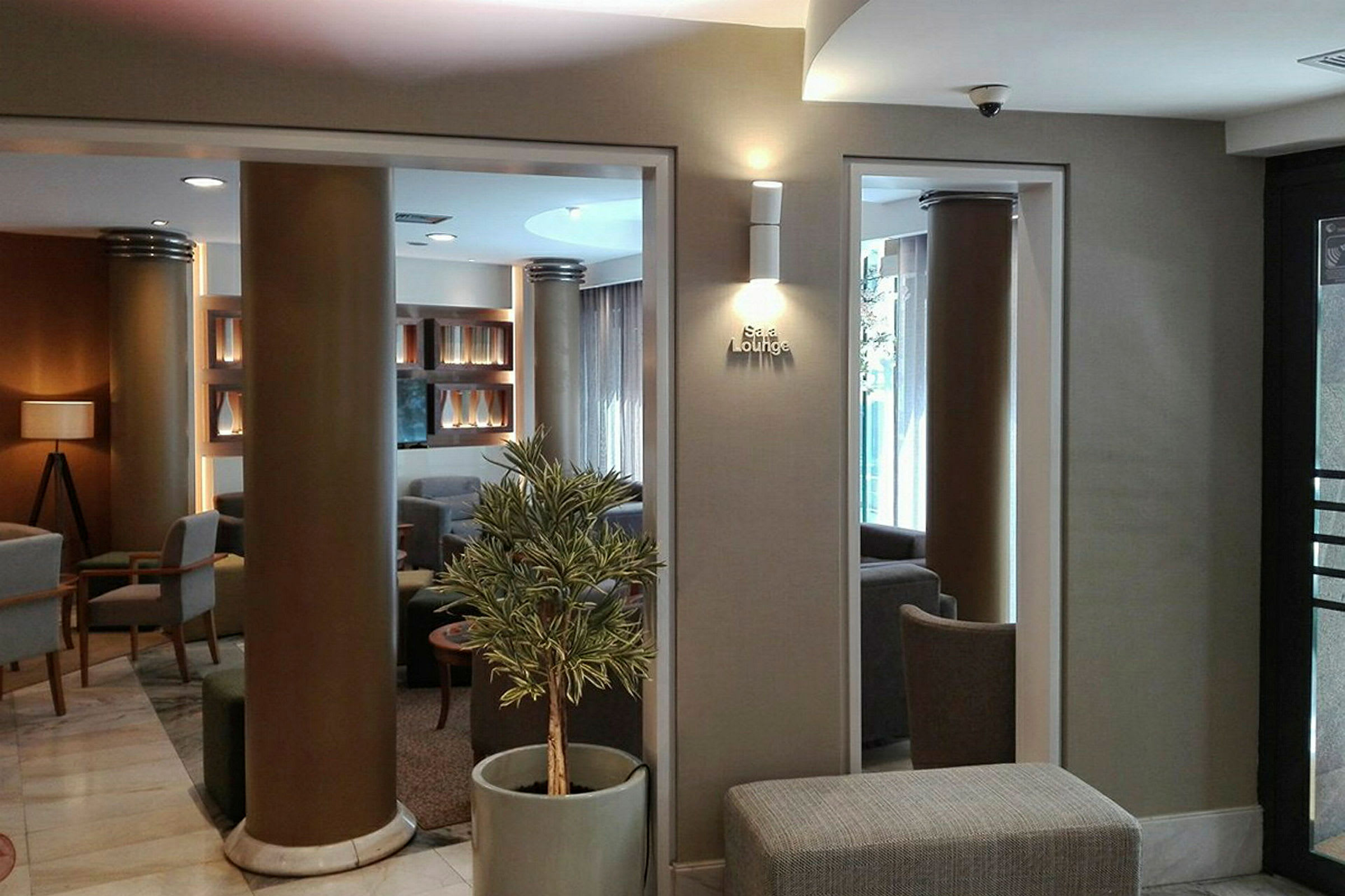 Interiørbillede af en elegant og moderne lounge med grå møbler, potteplanter og dekorative hylder med belysning. (AI-genereret tekst)
