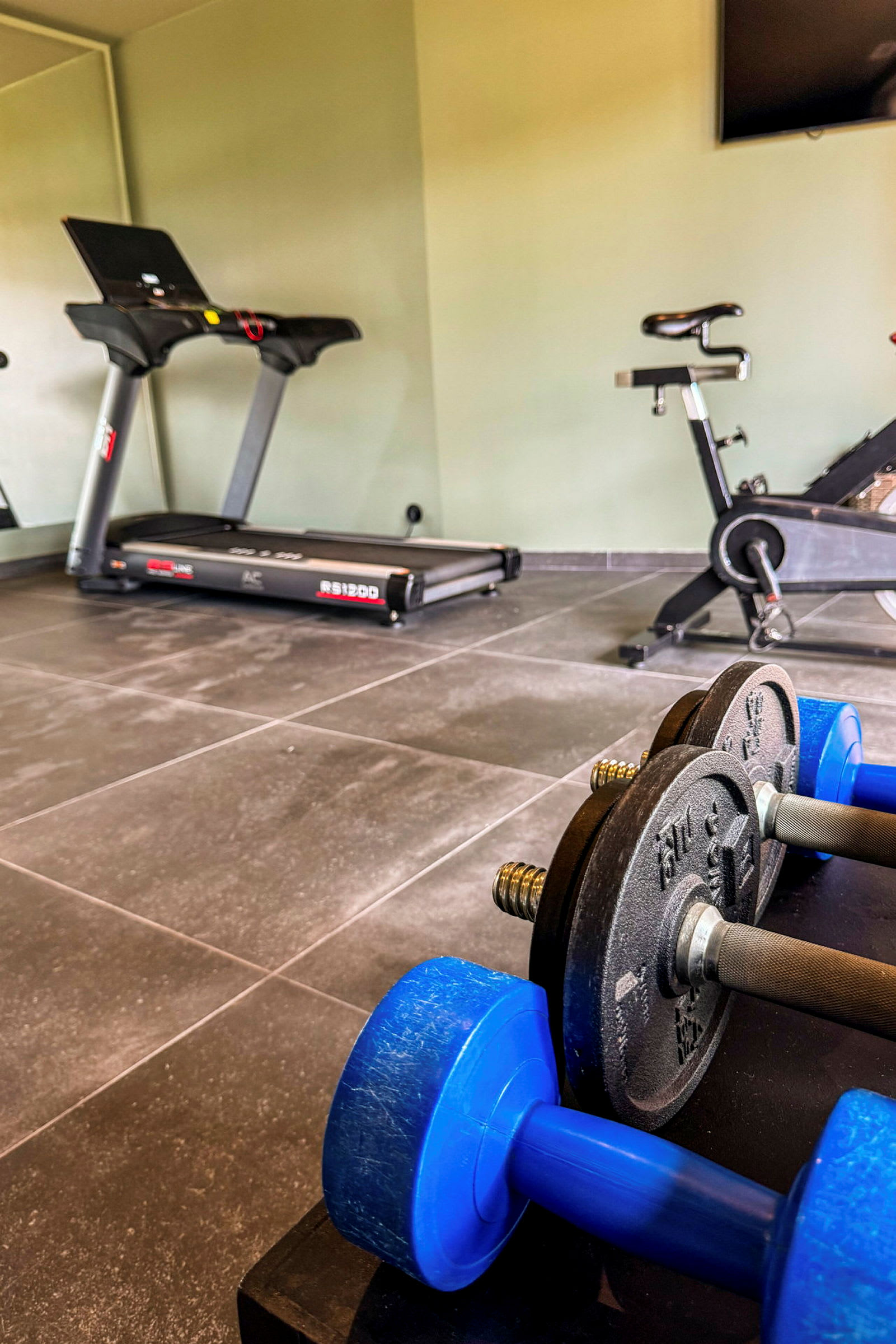 Billede af et fitnesscenter med vægte, løbebånd og en motionscykel. (AI-genereret tekst)
