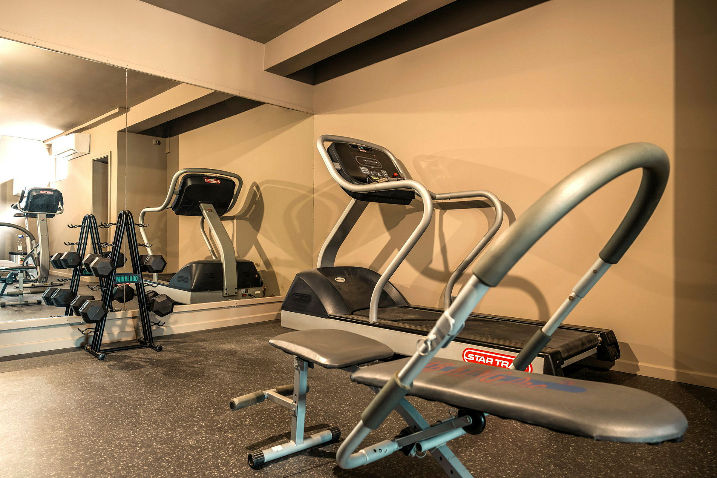Billede af et fitnesscenter med træningsmaskiner og frie vægte. (AI-genereret tekst)