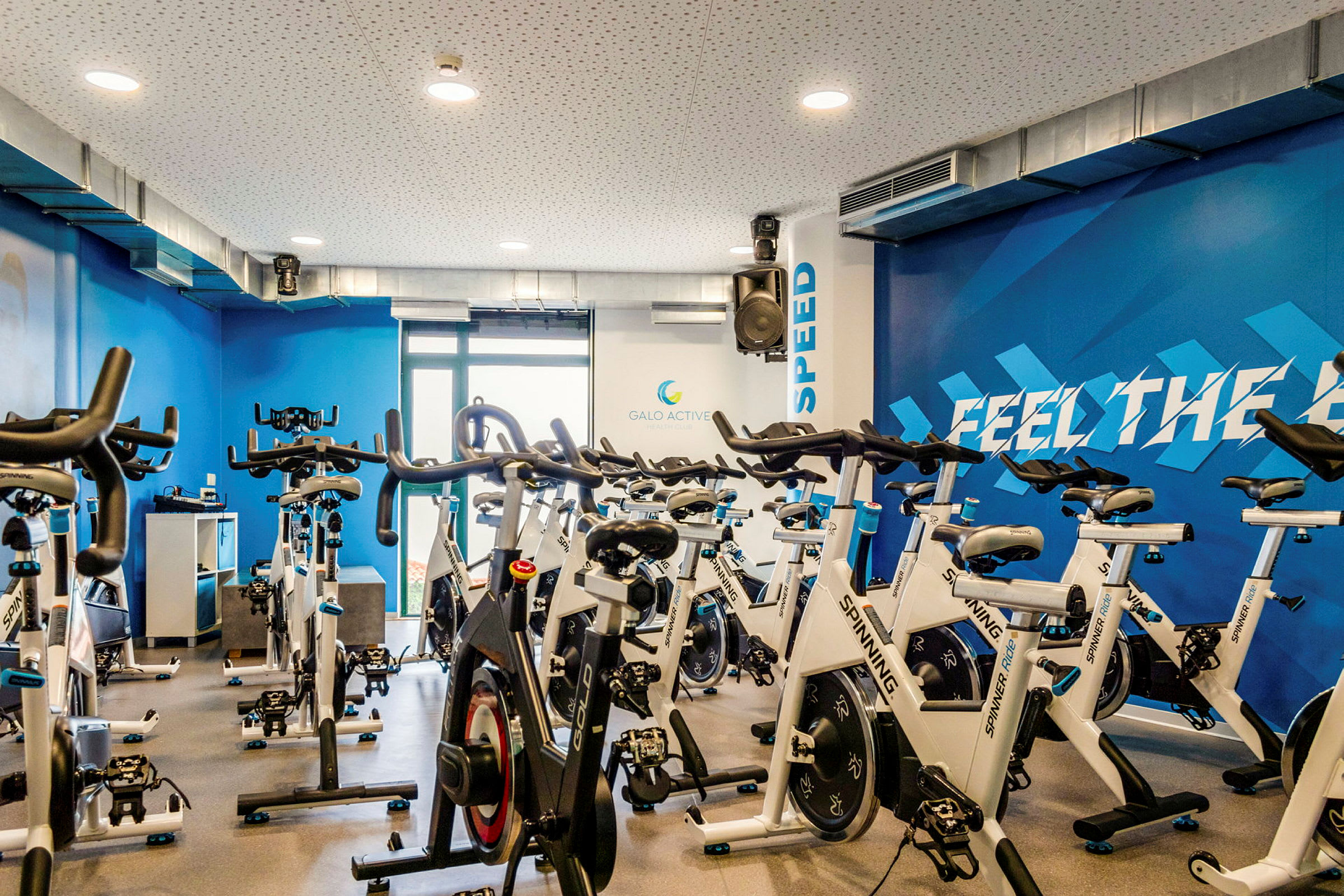 En gruppe motionscykler i en træningssal. (AI-genereret tekst)