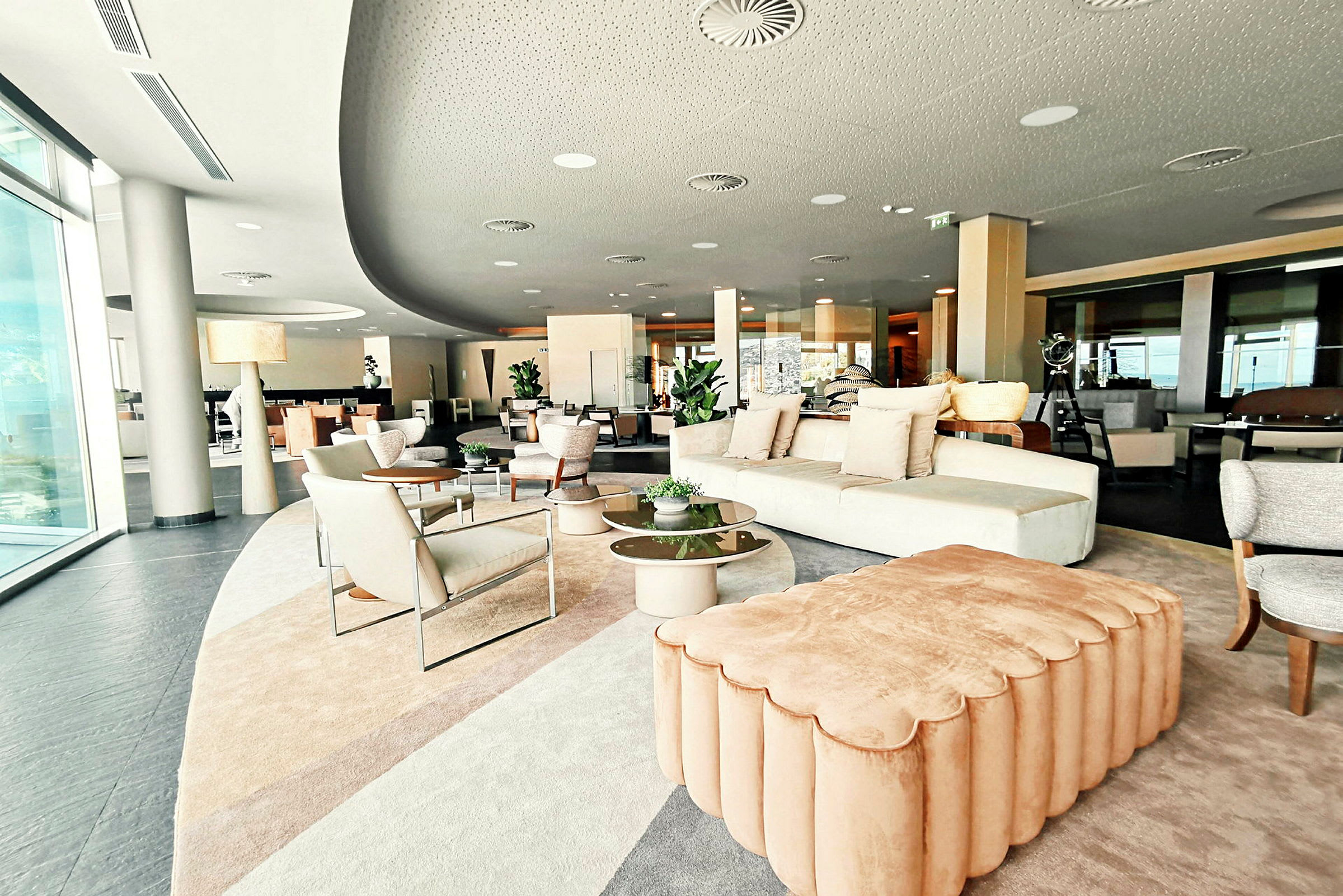 Et moderne indrettet opholdsrum med sofaer, lænestole og borde med planter. (AI-genereret tekst)