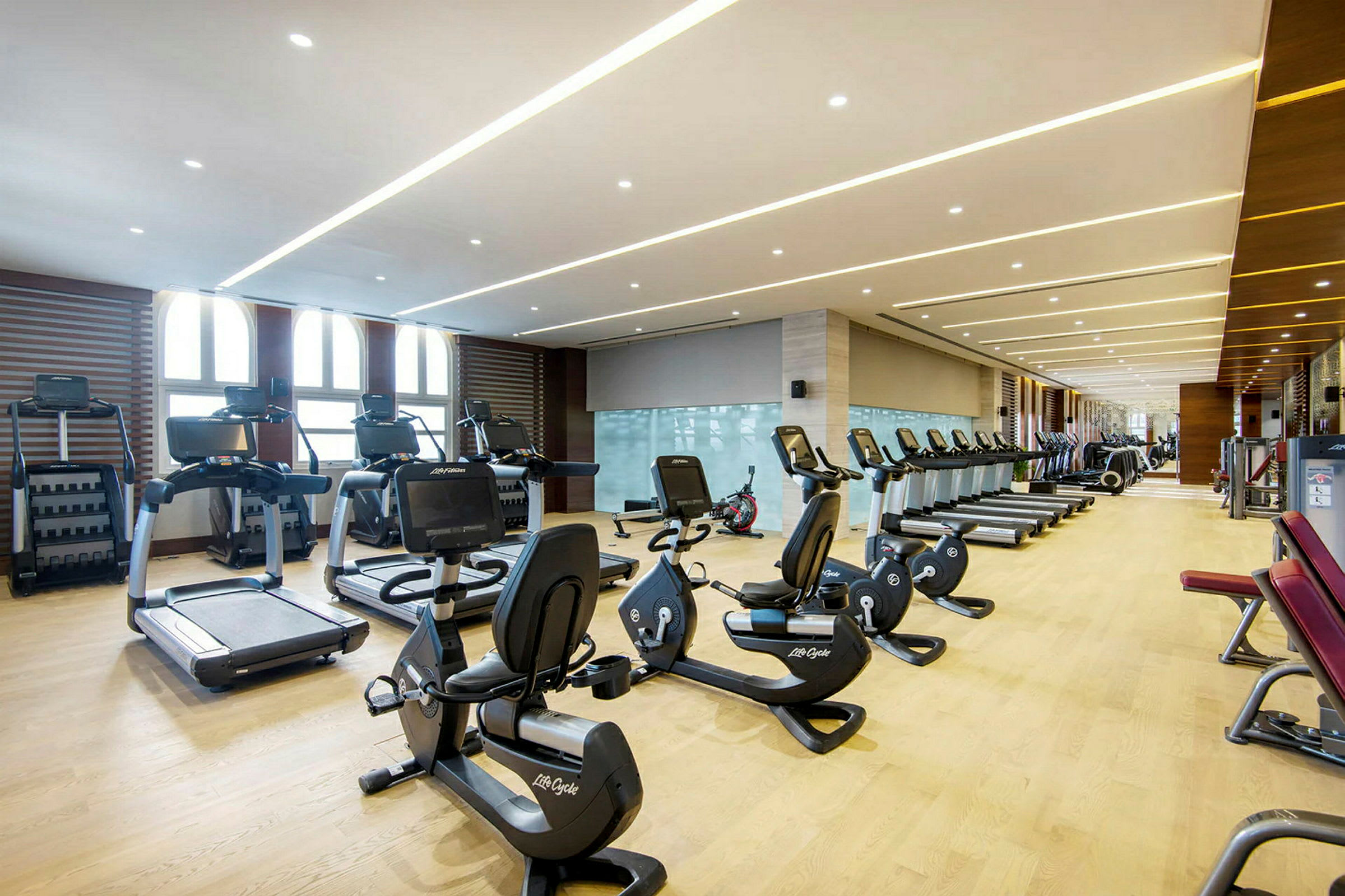 Et fuldt udstyret fitnesscenter med moderne træningsmaskiner og rækker af løbebånd og motionscykler. (AI-genereret tekst)
