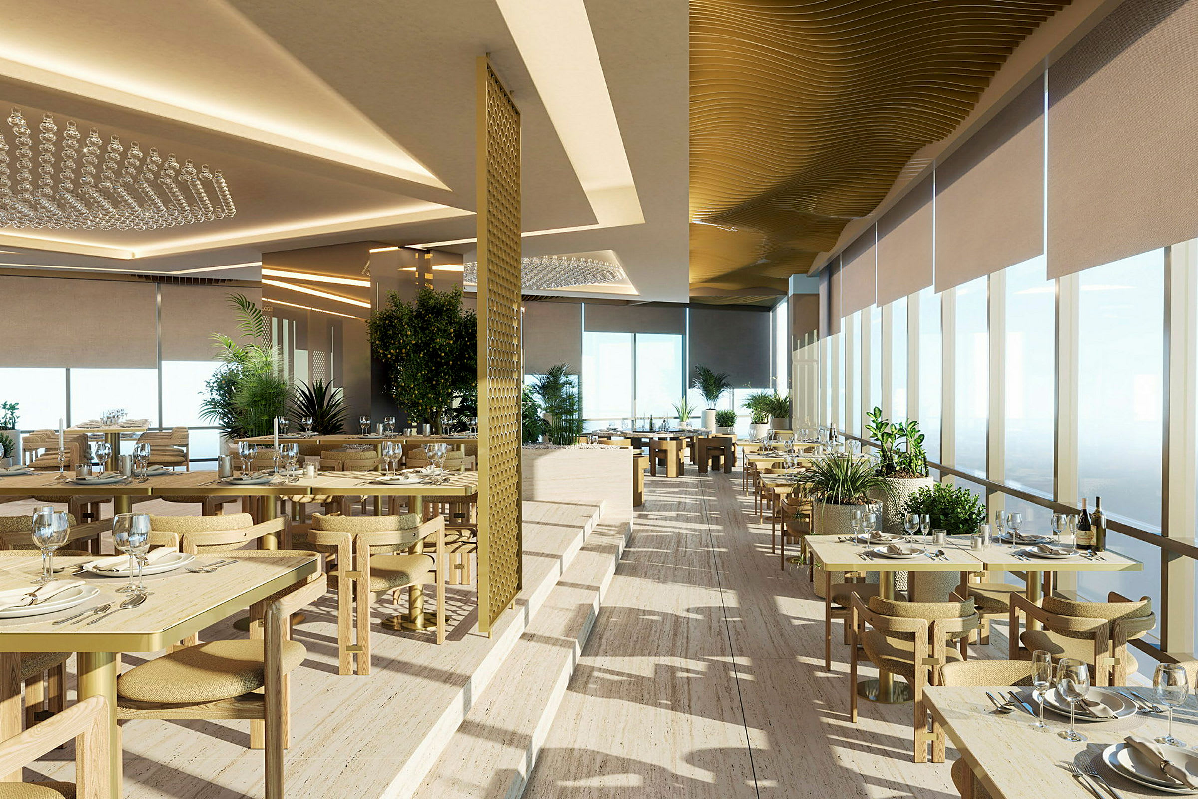Elegant restaurant med dækkede borde i en lys og moderne indretning. (AI-genereret tekst)