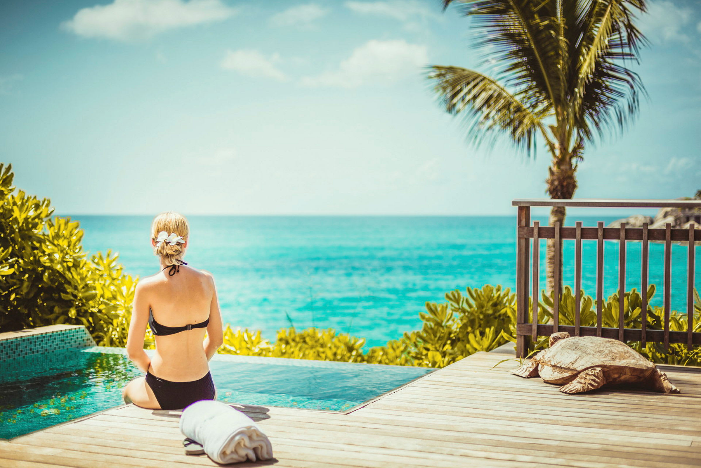 En person sidder ved en pool med udsigt over havet og omgivet af frodige planter. På træterrassen ligger et sammenrullet håndklæde og en skildpadde. (AI-genereret tekst)