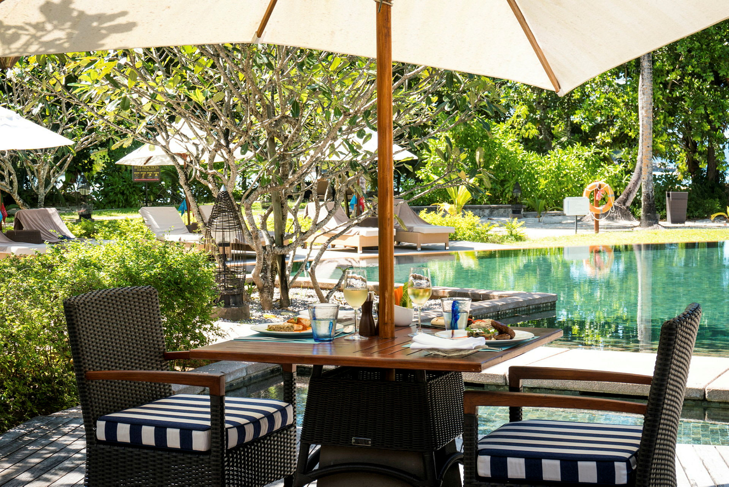 Et bord med mad og drikke på en terrasse ved en pool. (AI-genereret tekst)