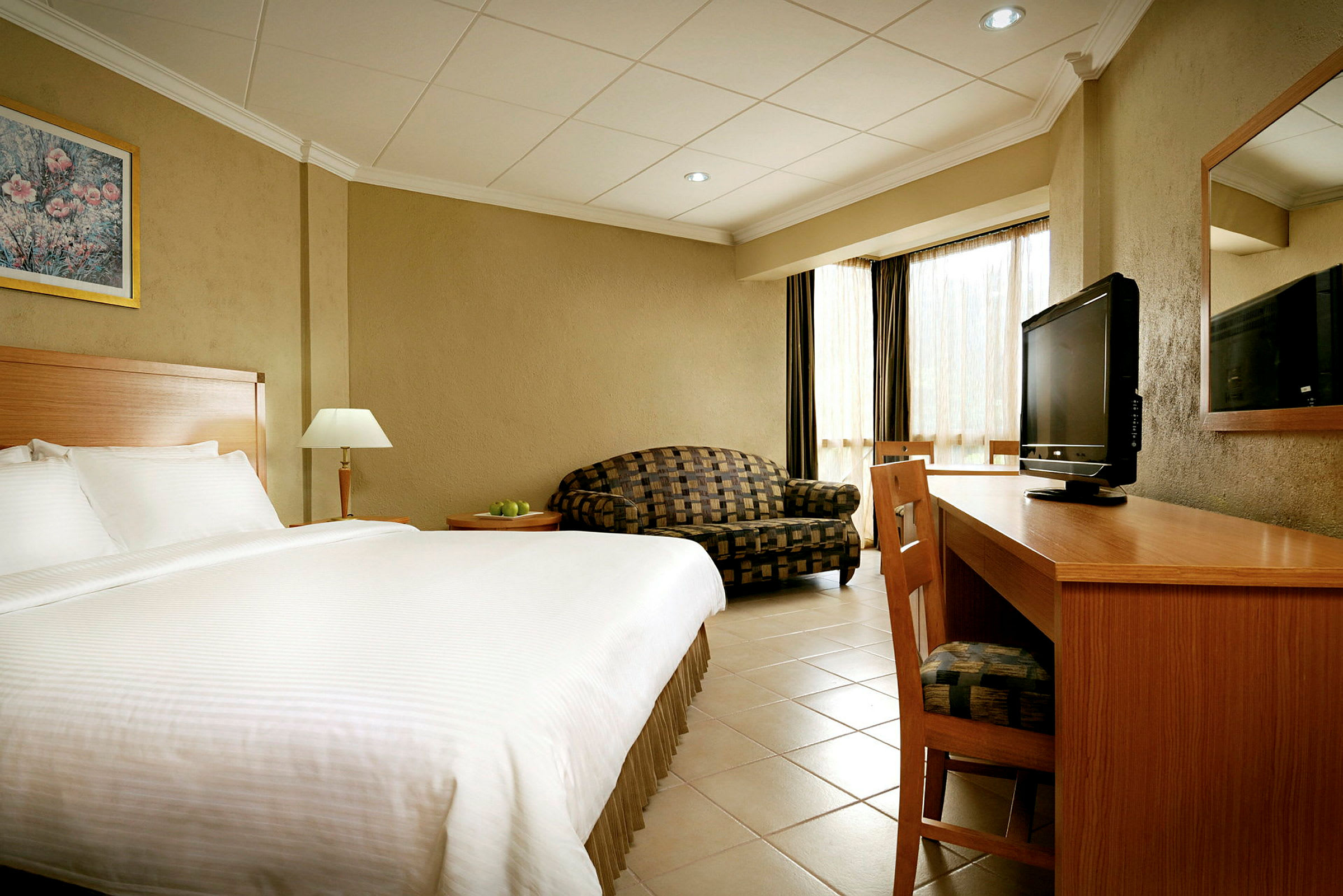 Hotelværelse med stor seng, skrivebord, TV og sofa. (AI-genereret tekst)
