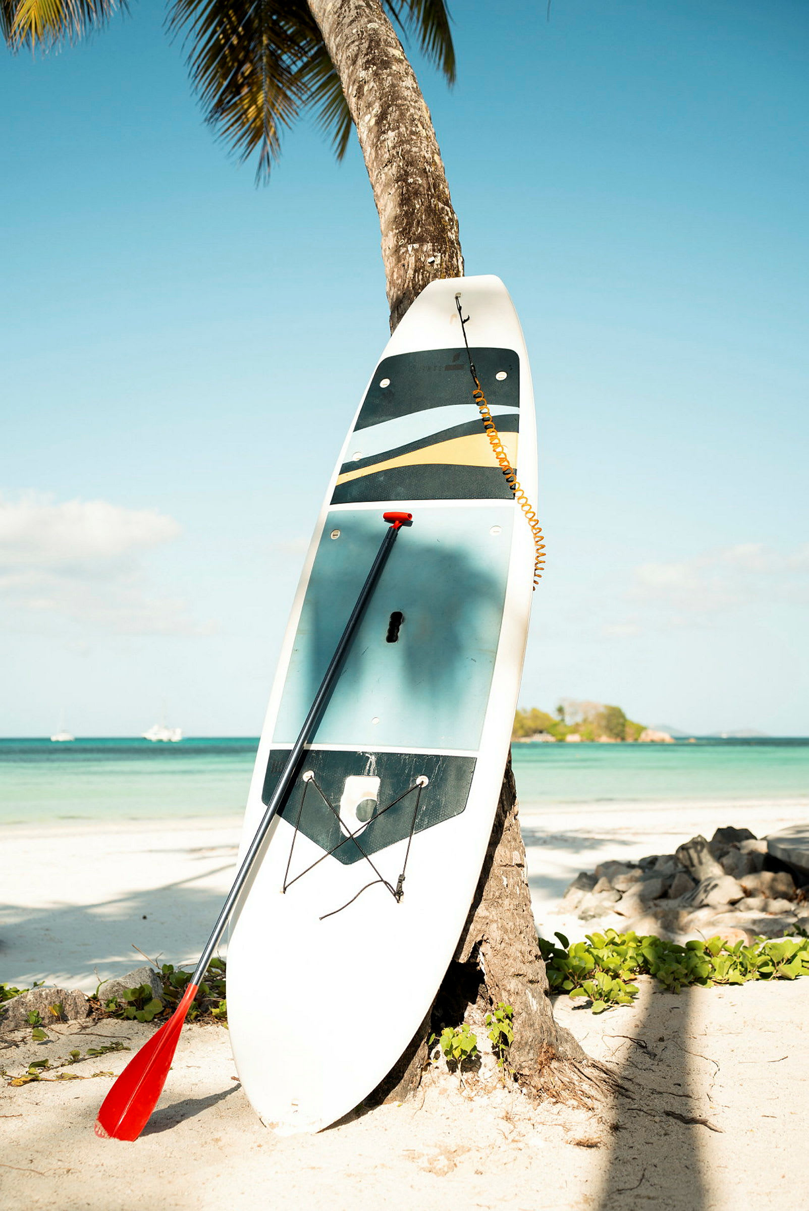 På billedet ses et paddleboard lænet op ad en palme på en sandstrand. Et rødt padleblad står lænet mod brættet. I baggrunden skimtes havet og en lille ø. (AI-genereret tekst)