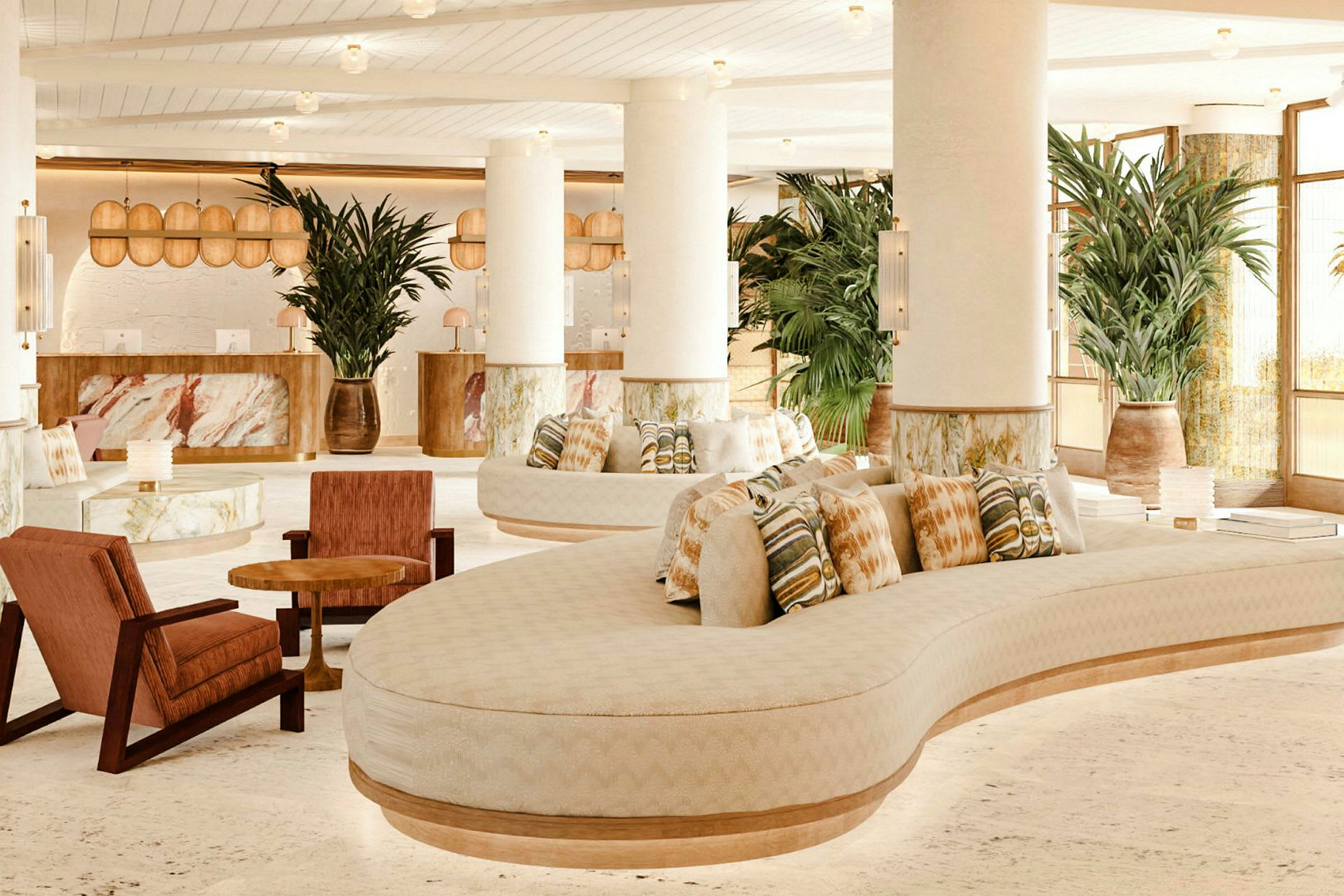 Et moderne, lyst hotellobbyområde med sofaer, stole og planter. (AI-genereret tekst)