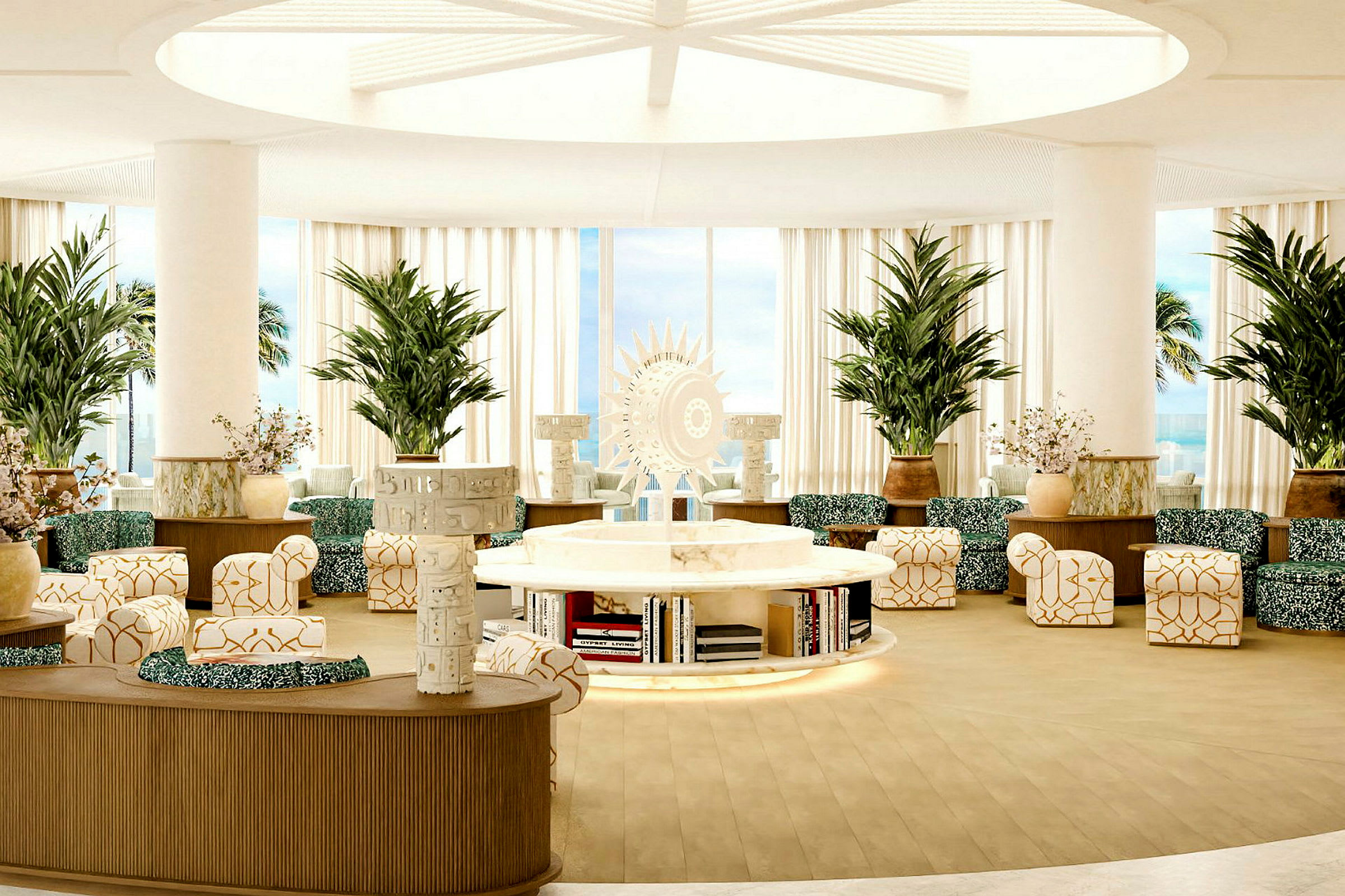 Interiør af en moderne lounge med lyse farver, siddepladser og grønne planter. (AI-genereret tekst)