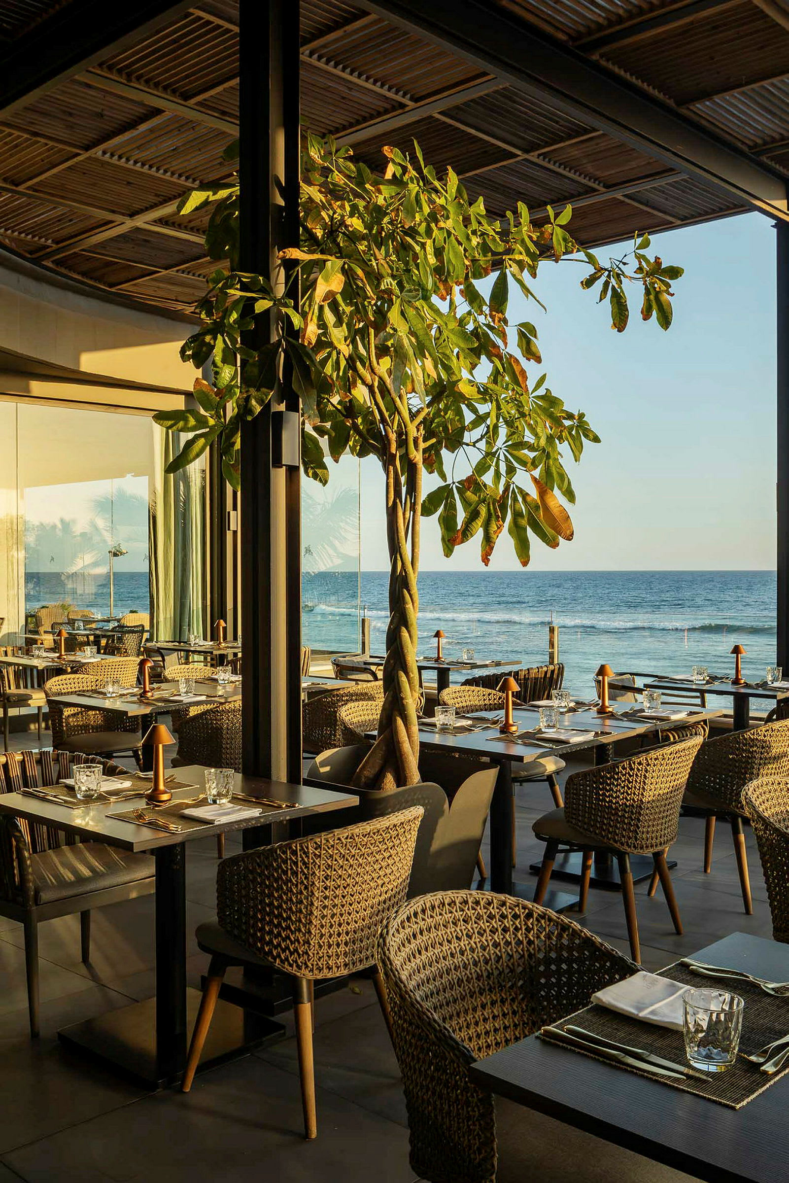 En restaurant med udsigt over havet, hvor borde og stole er opstillet i et åbent miljø med naturlige elementer som et træ. (AI-genereret tekst)
