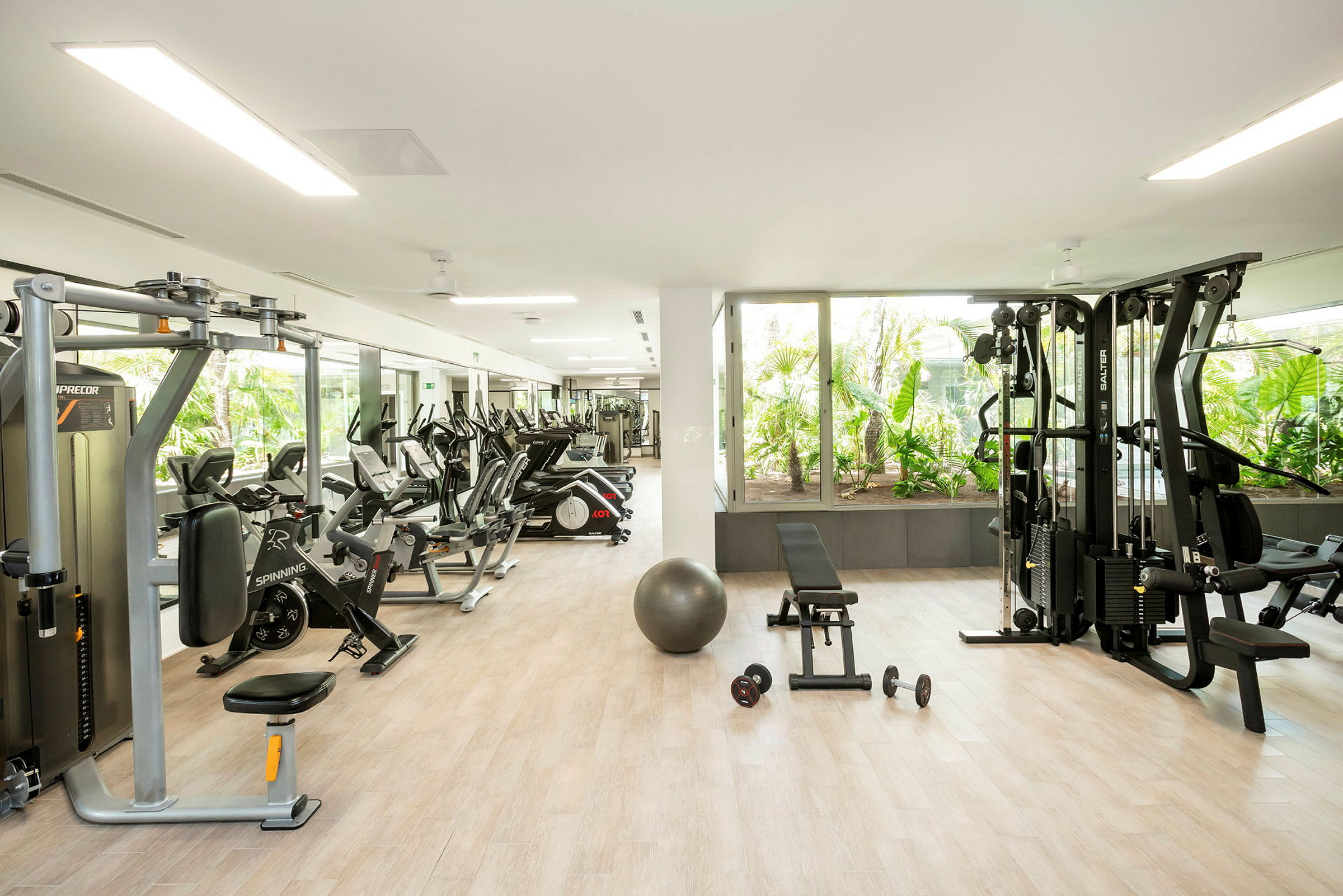 Et moderne fitnesscenter med forskellige træningsmaskiner og udstyr samt vinduer med udsigt til grønne planter. (AI-genereret tekst)