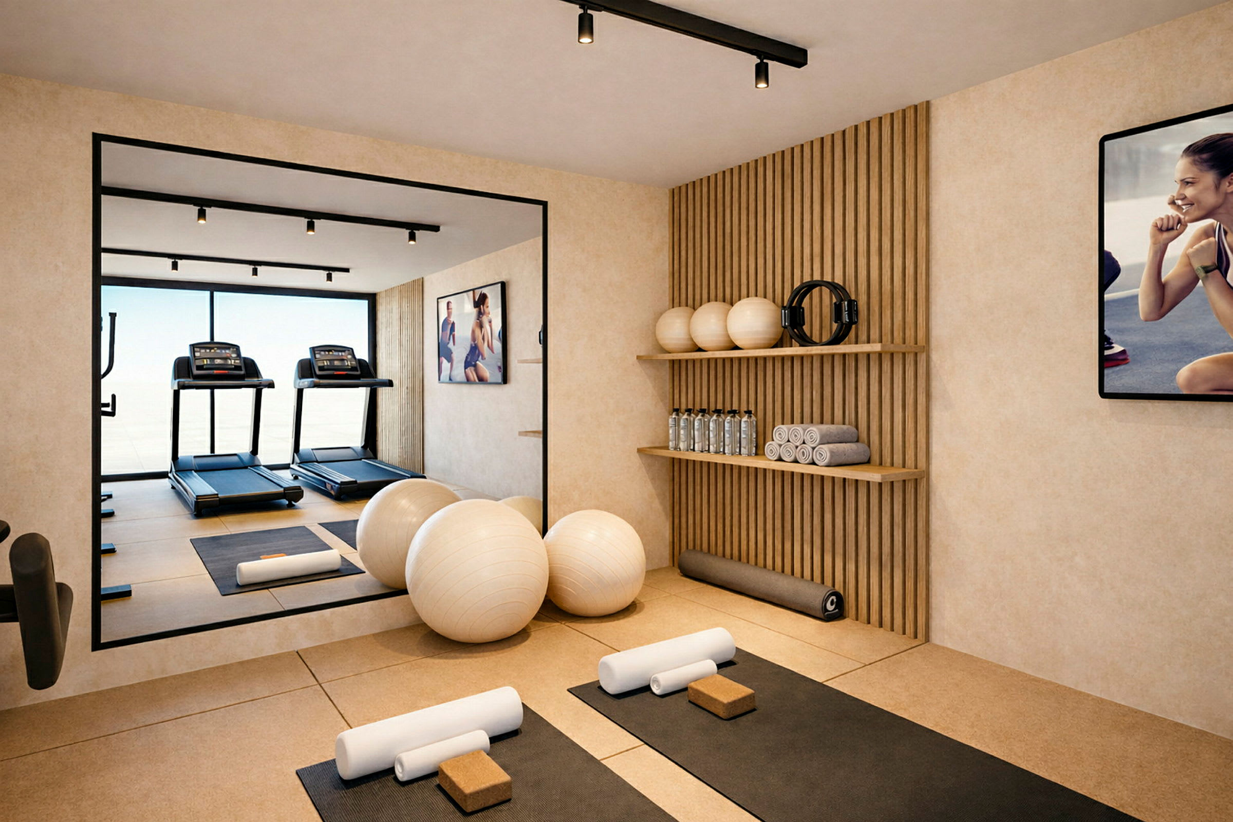 Et lyst fitnessrum med to løbebånd, spejlvæg og træningsudstyr som yogamåtter, træningsbolde og vægte. (AI-genereret tekst)
