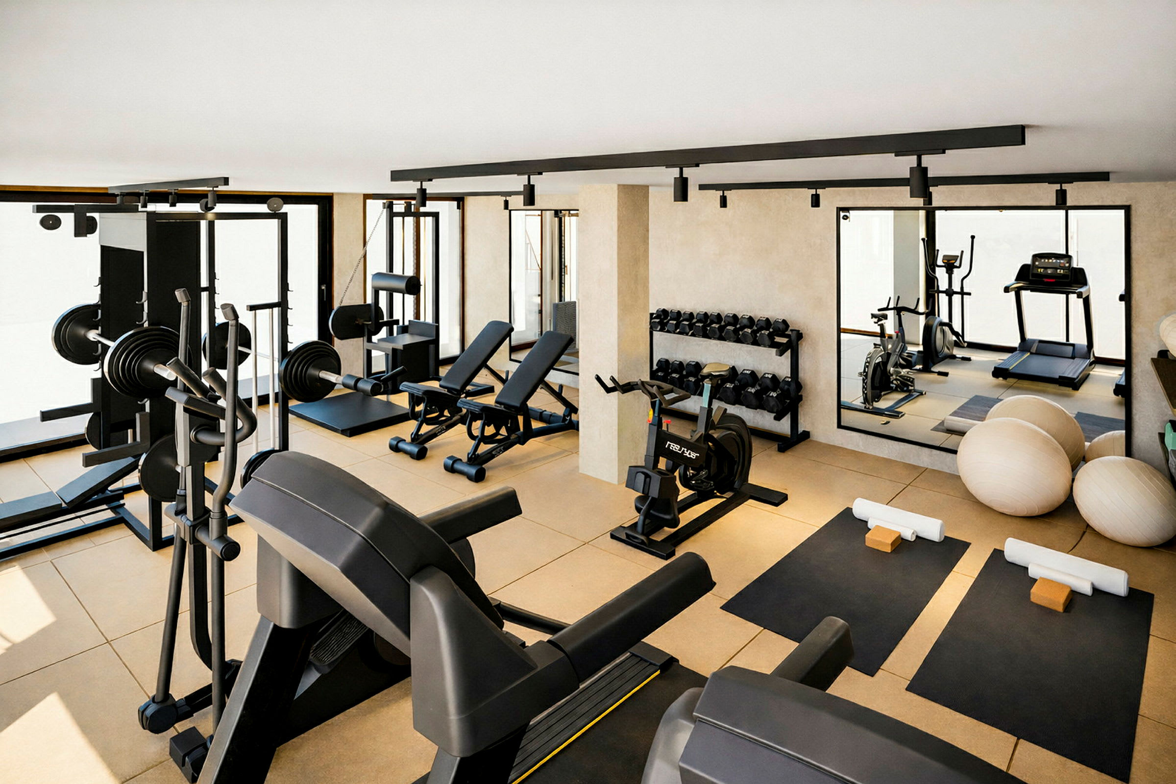 Fitnesscenter med træningsudstyr som løbebånd, motionscykel og håndvægte. (AI-genereret tekst)