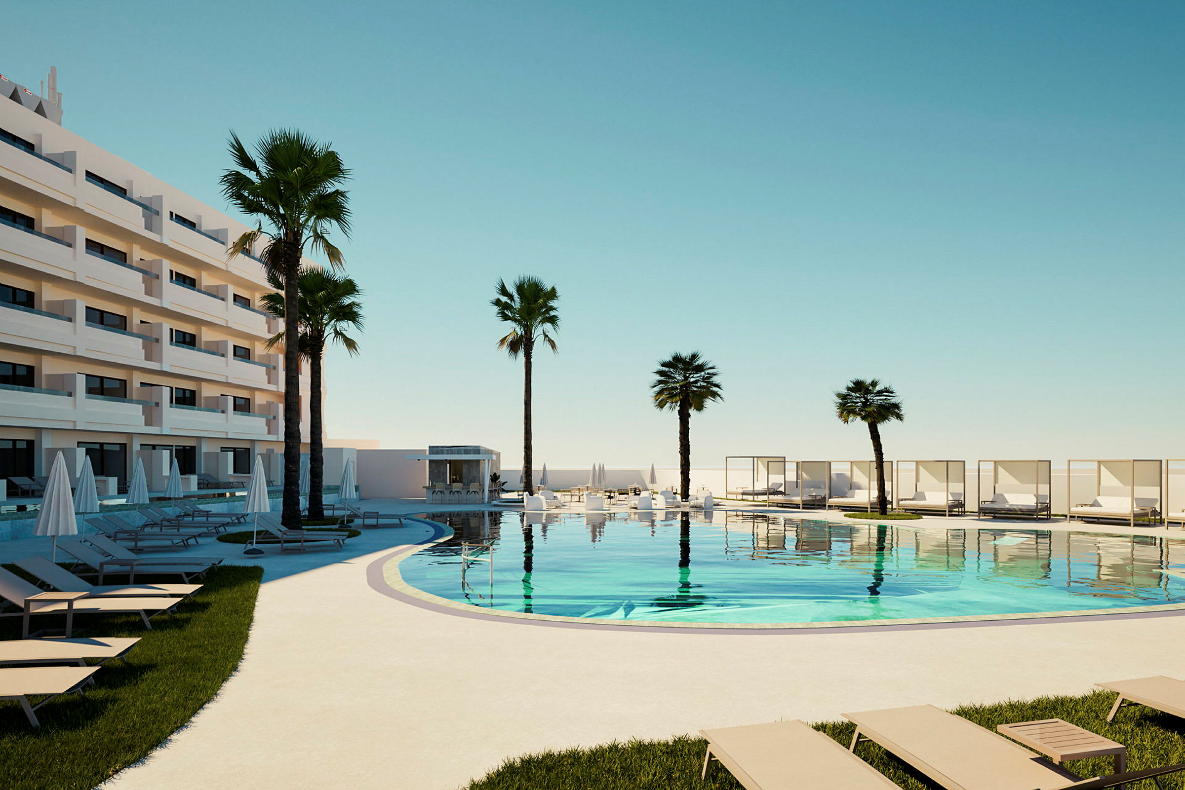 Moderne hotelbygning med en pool omgivet af liggestole og palmer. (AI-genereret tekst)