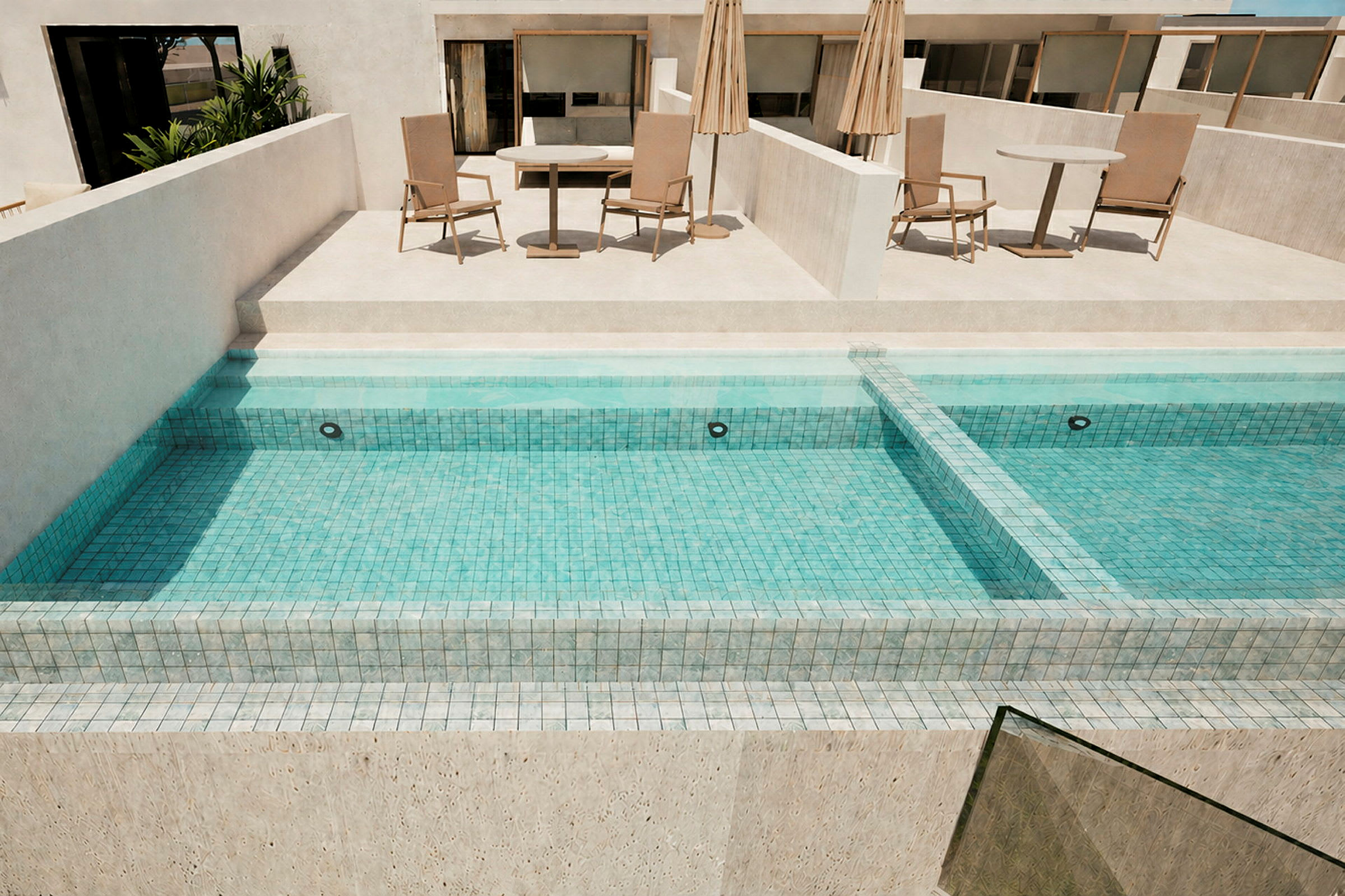 En udendørs pool med turkis fliser og møbler på en afskærmet terrasse. (AI-genereret tekst)
