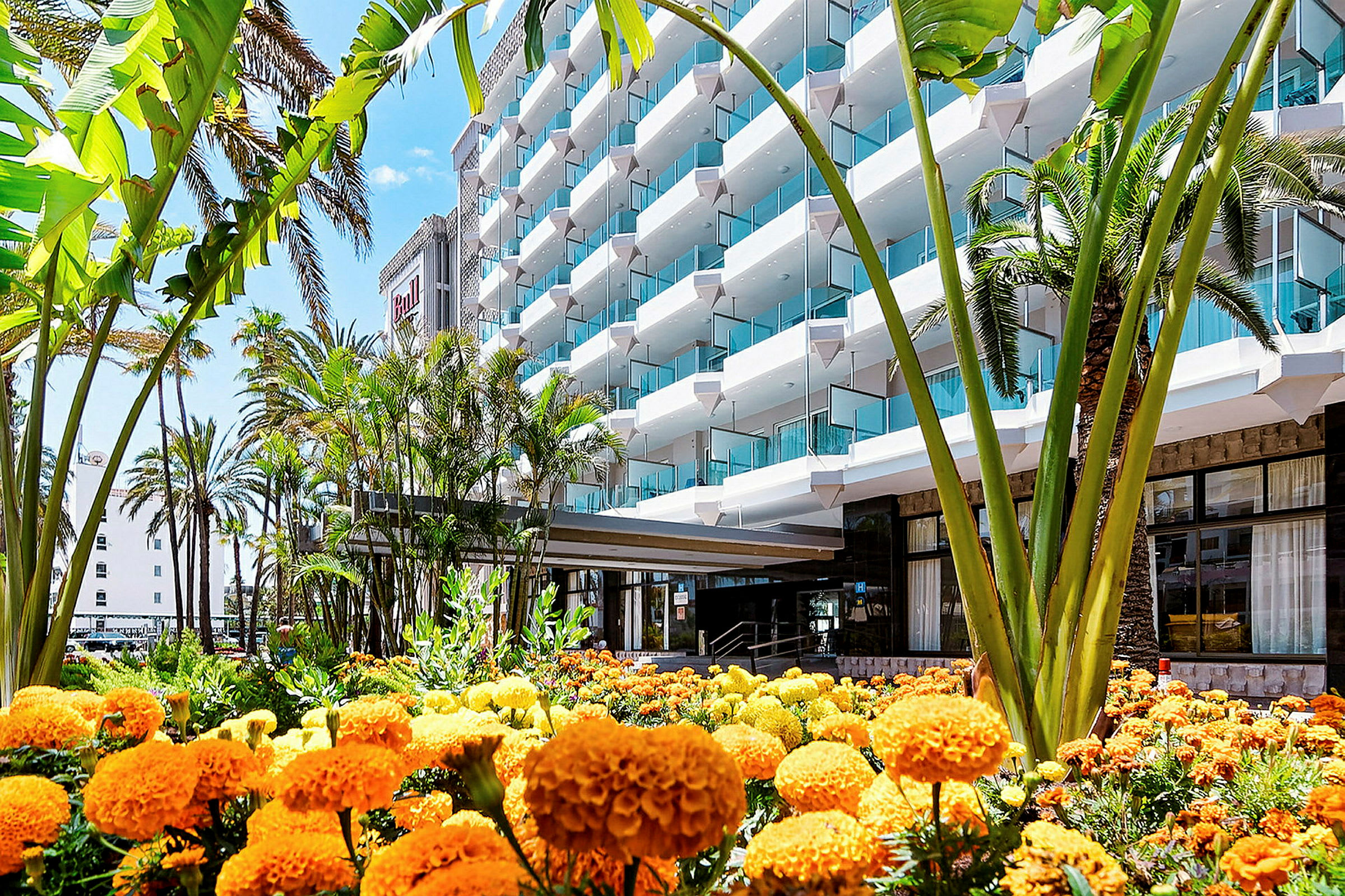Hotelfacade med orange-gule blomster i forgrunden og tropiske palmer. (AI-genereret tekst)