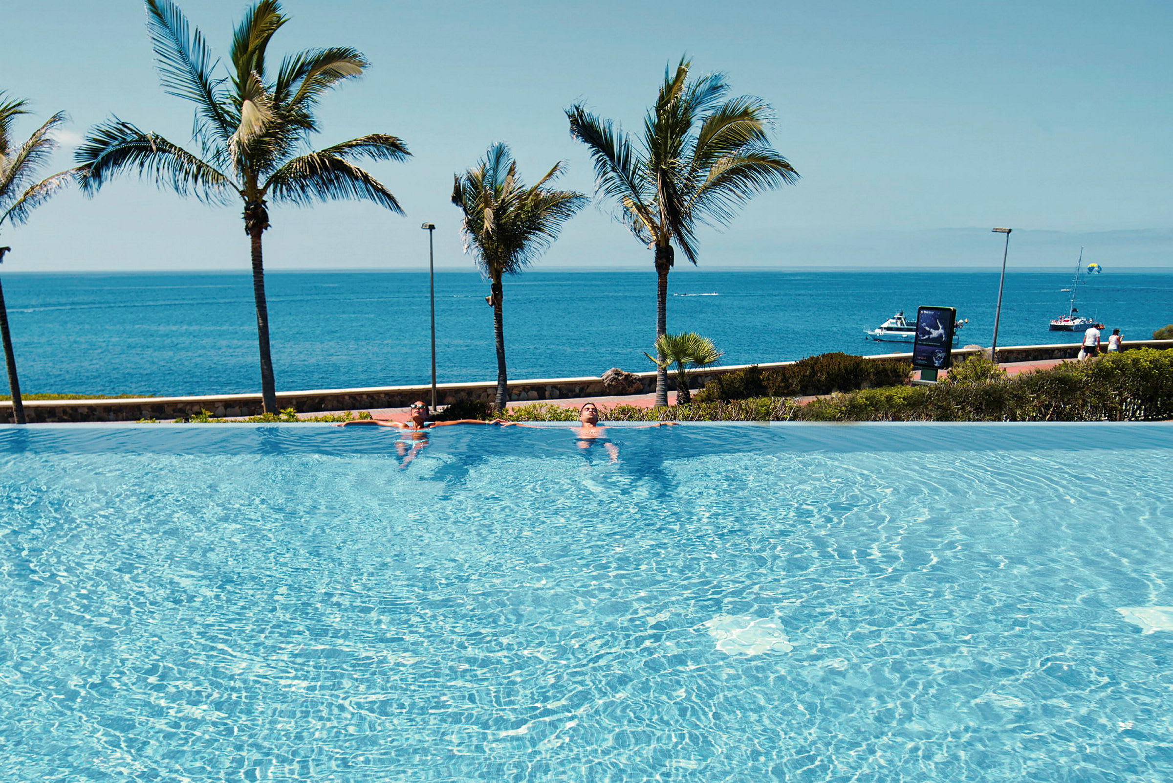 En infinitypool ved havet med palmer i baggrunden. (AI-genereret tekst)
