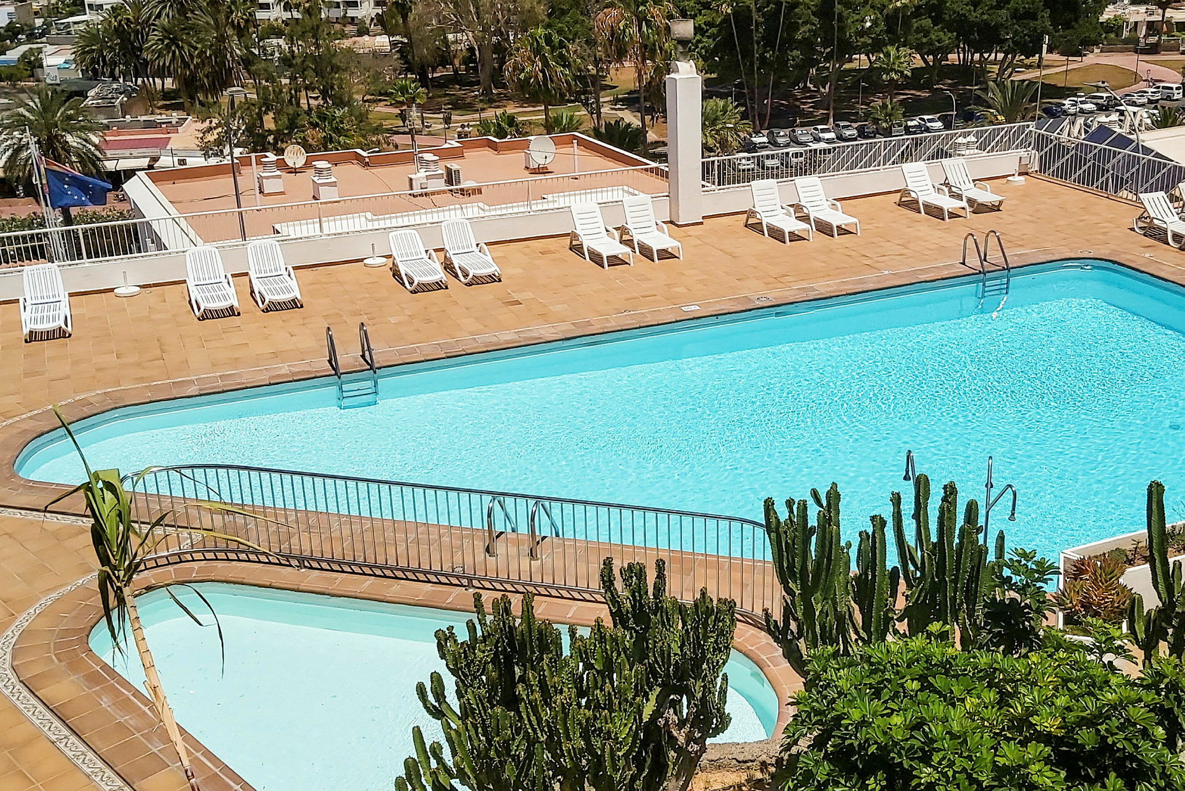 En swimmingpool med solsenge omkring og grønne planter i forgrunden. (AI-genereret tekst)