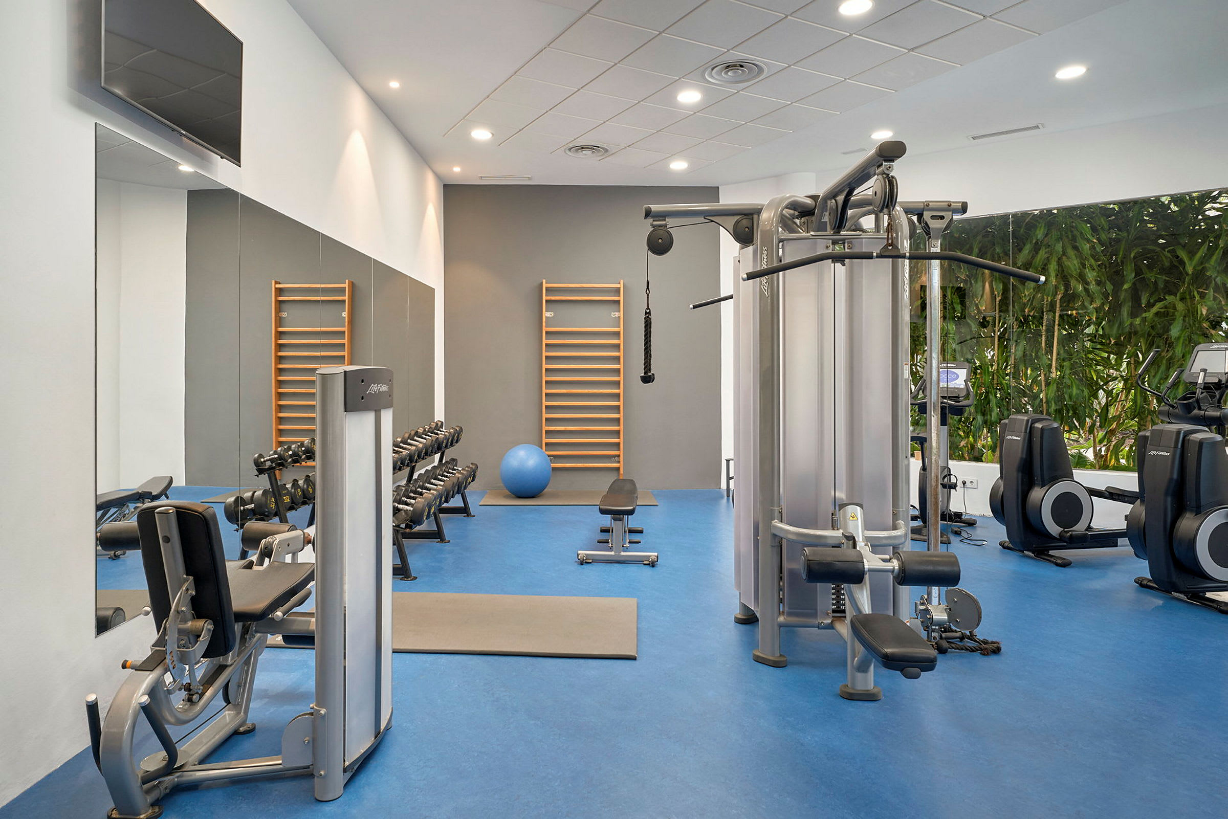 Et fitnessrum med forskellige træningsmaskiner, håndvægte og en balancebold. (AI-genereret tekst)