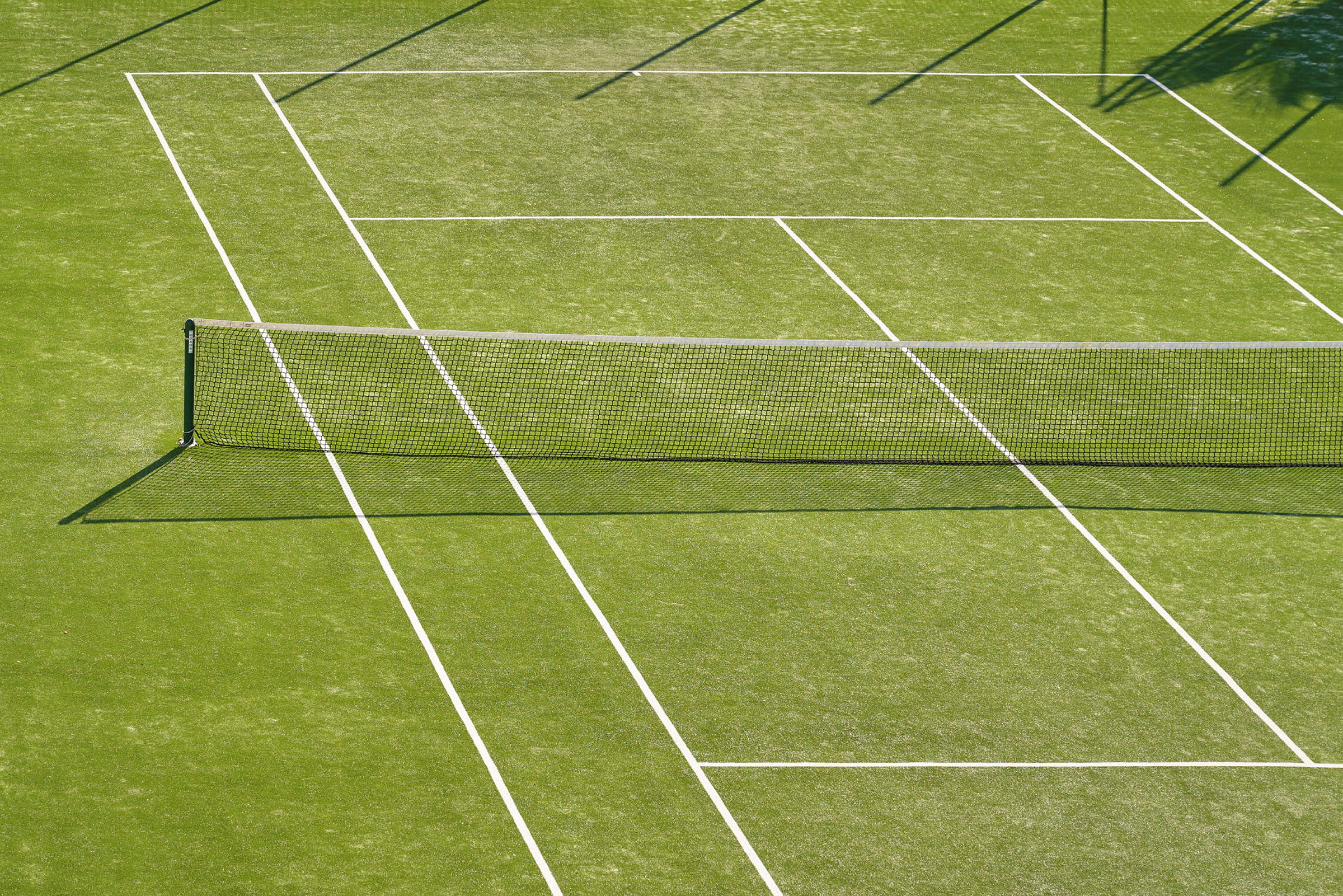En tennisbane med grønt underlag og et net i midten. (AI-genereret tekst)