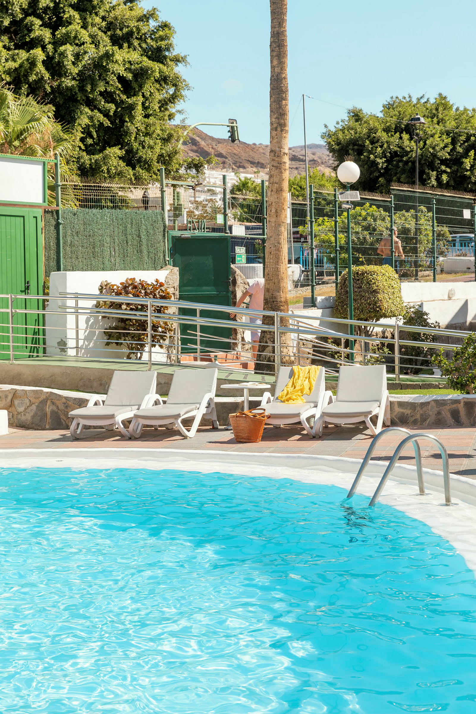Udendørs pool med liggestole og en palme i baggrunden. (AI-genereret tekst)