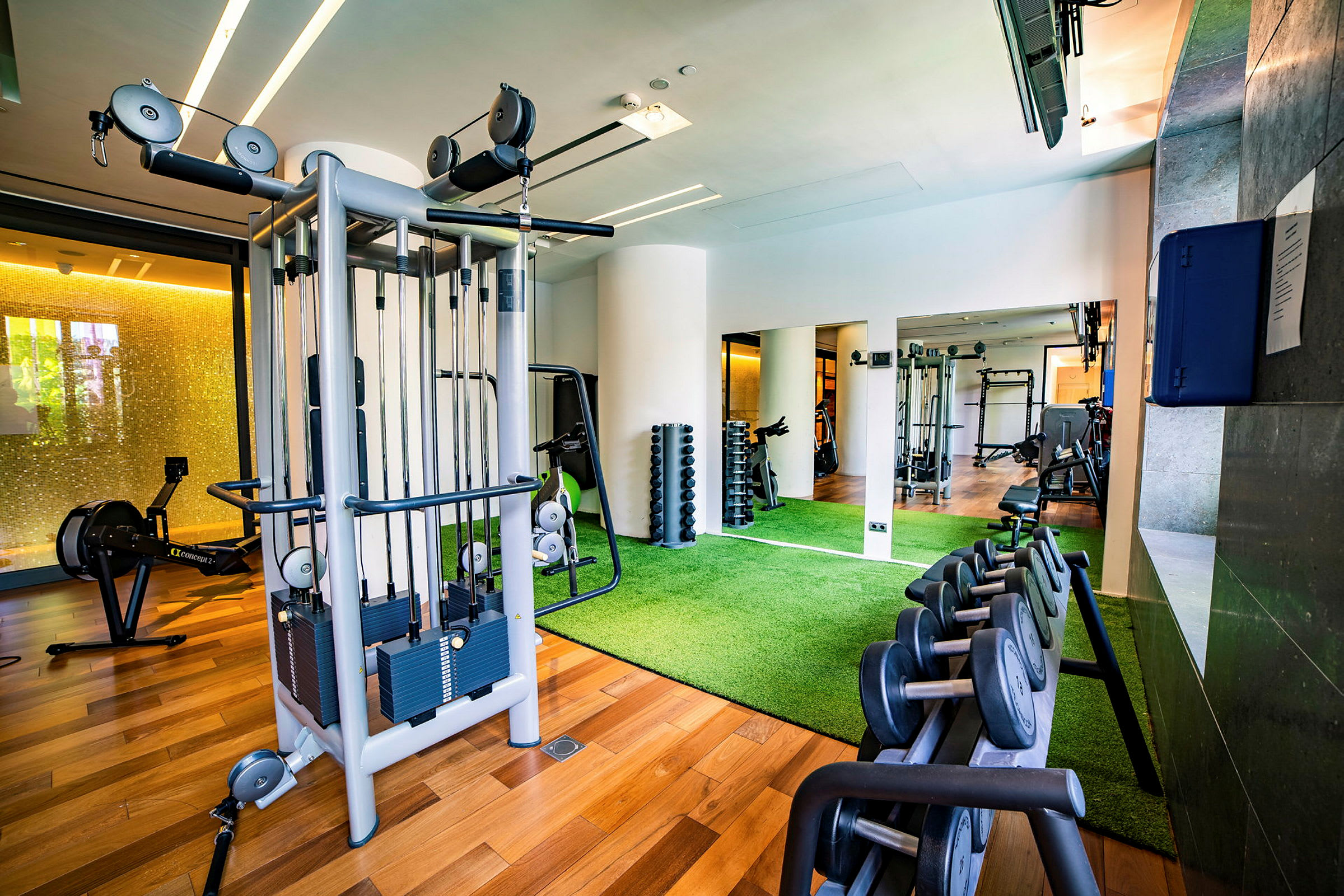 Et moderne fitnesscenter med maskiner, håndvægte og kunstgræsgulv. (AI-genereret tekst)
