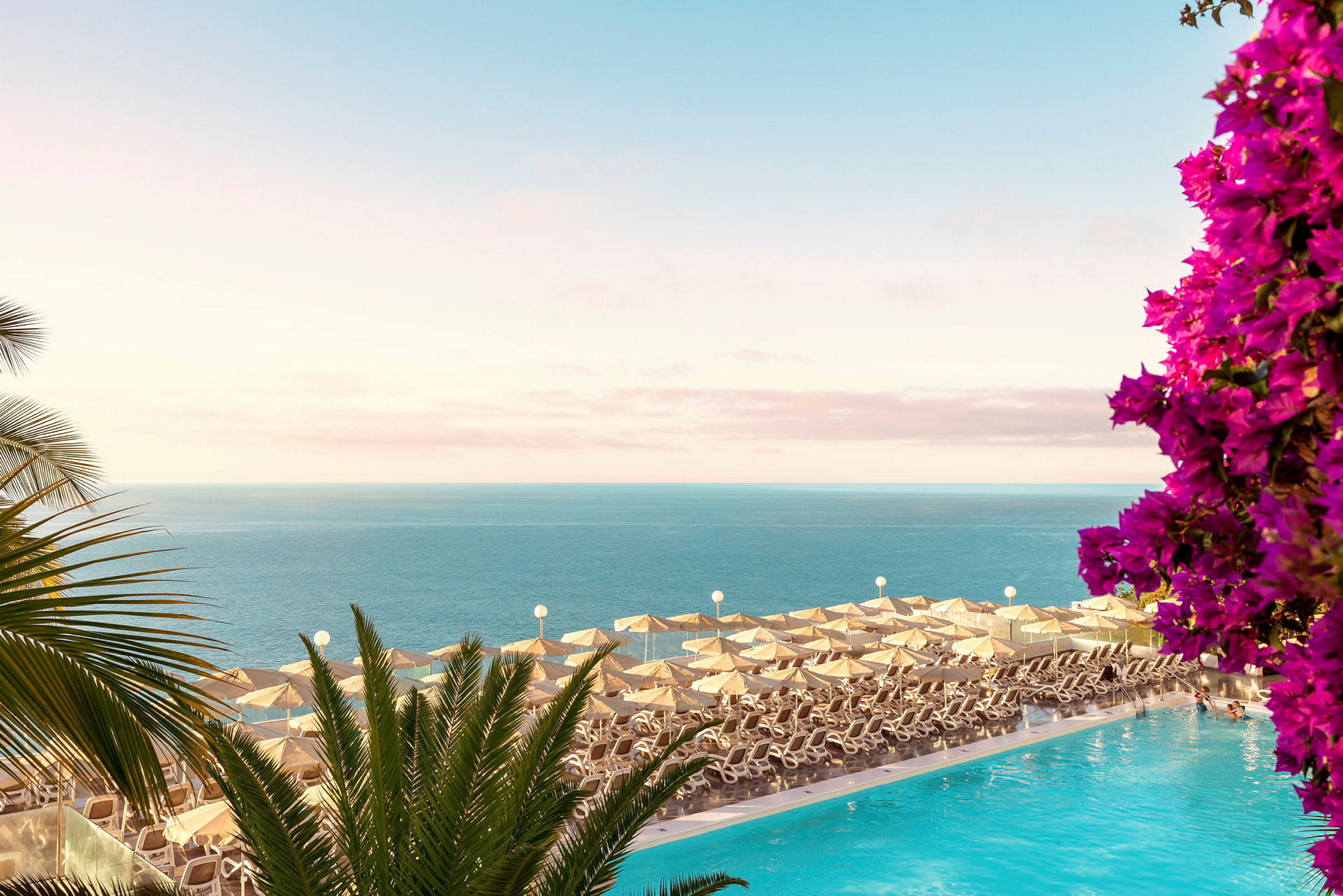 Liggestole med parasoller ved en pool med udsigt over havet og blomster. (AI-genereret tekst)