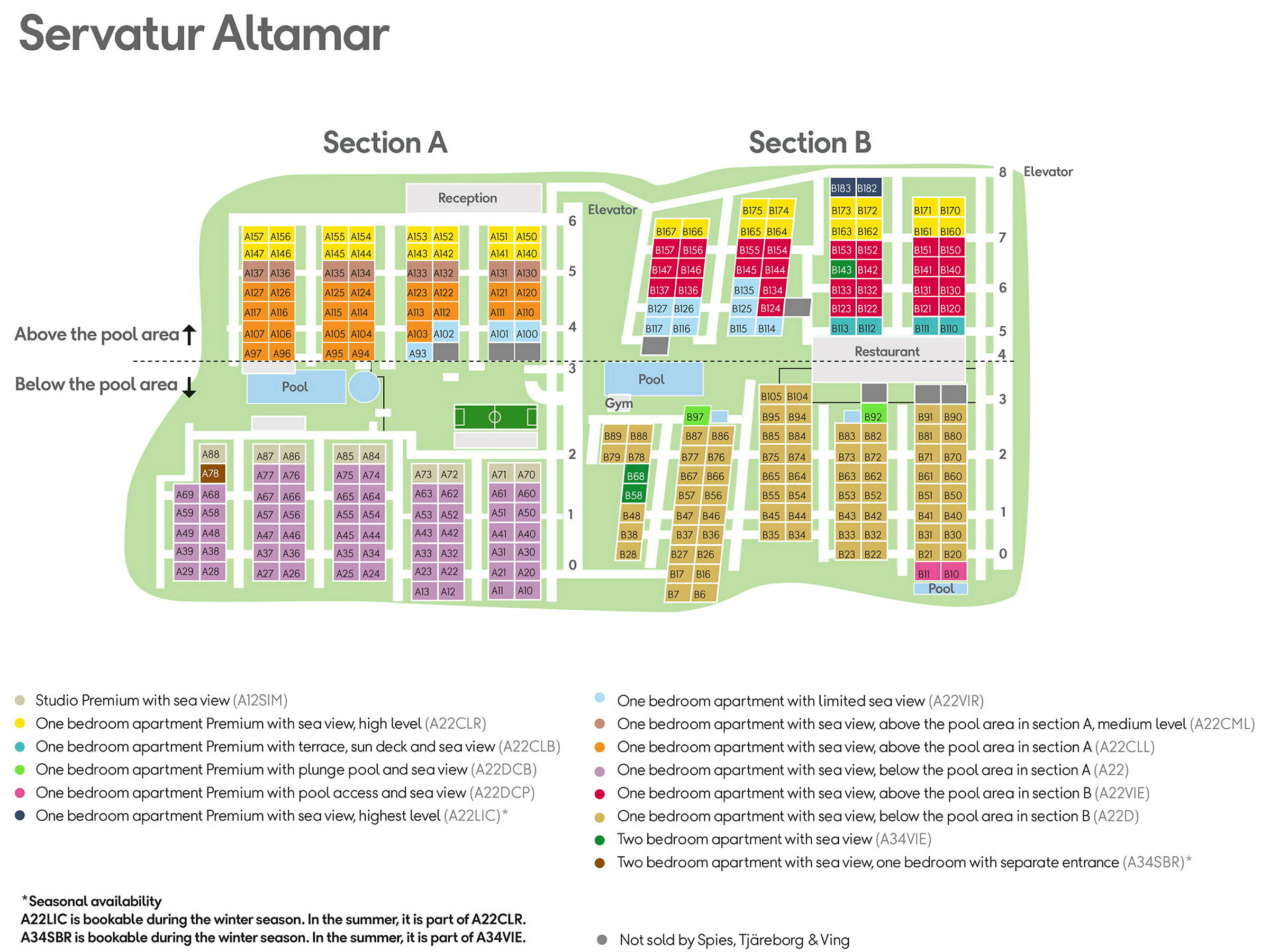 Et grafisk kort over Servatur Altamar hotelområde, med sektionerne A og B, inklusive pools, fitnesscenter og lejligheder markeret. (AI-genereret tekst)