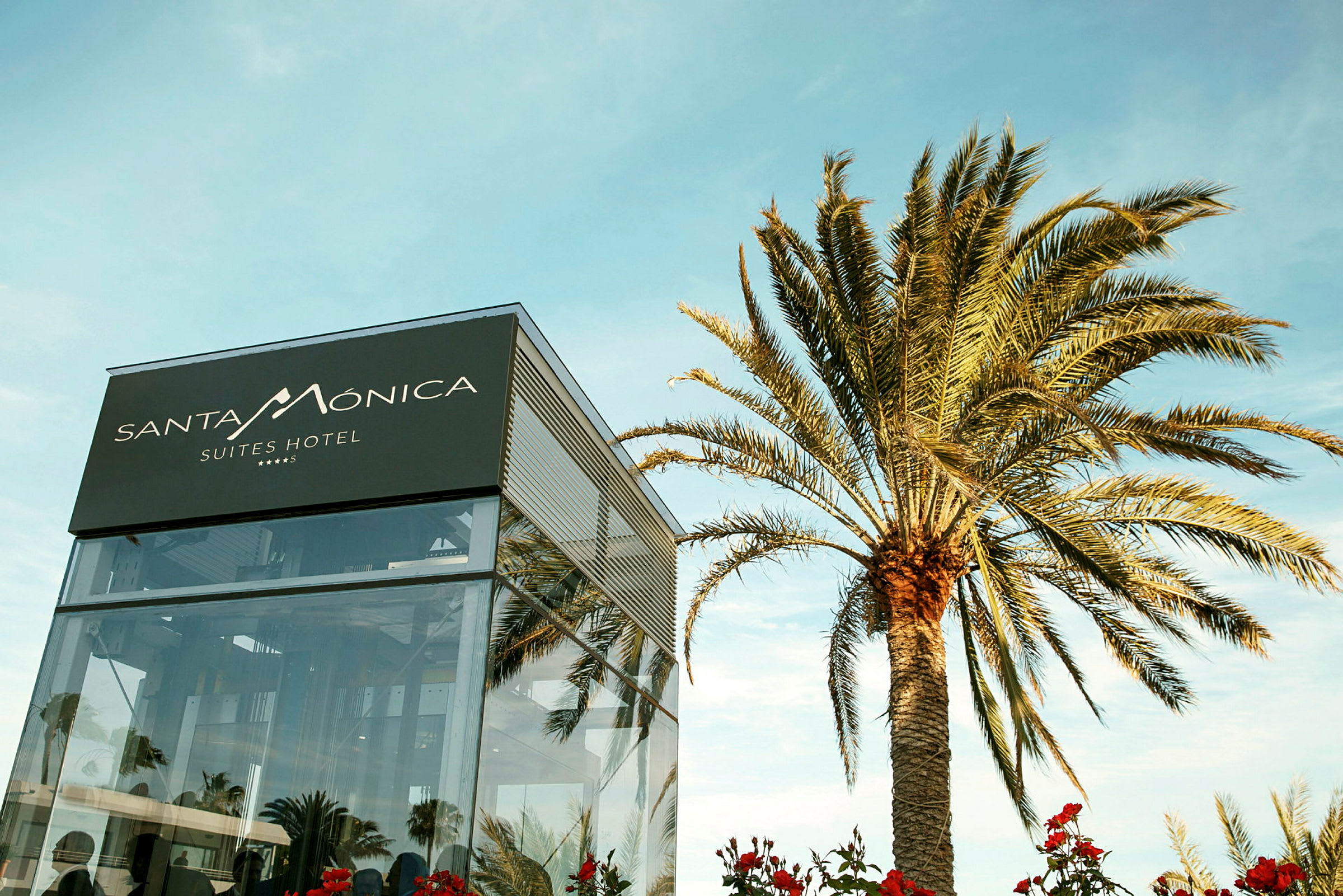 En bygning med et skilt, der siger "Santa Monica Suites Hotel", ved siden af en høj palme. (AI-genereret tekst)