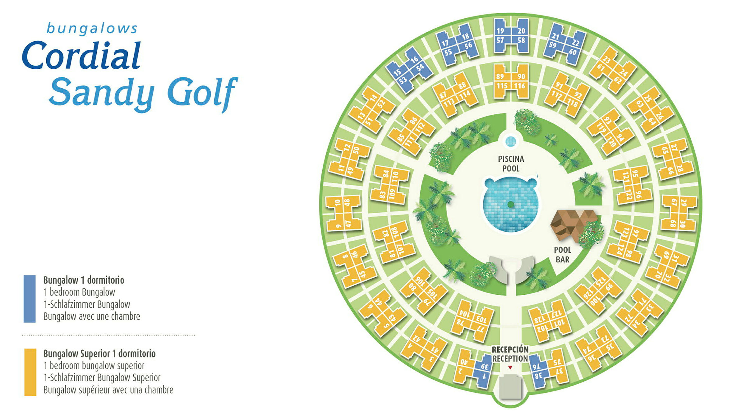 Illustration af layoutet for bungalowområdet Cordial Sandy Golf med logi og faciliteter. (AI-genereret tekst)