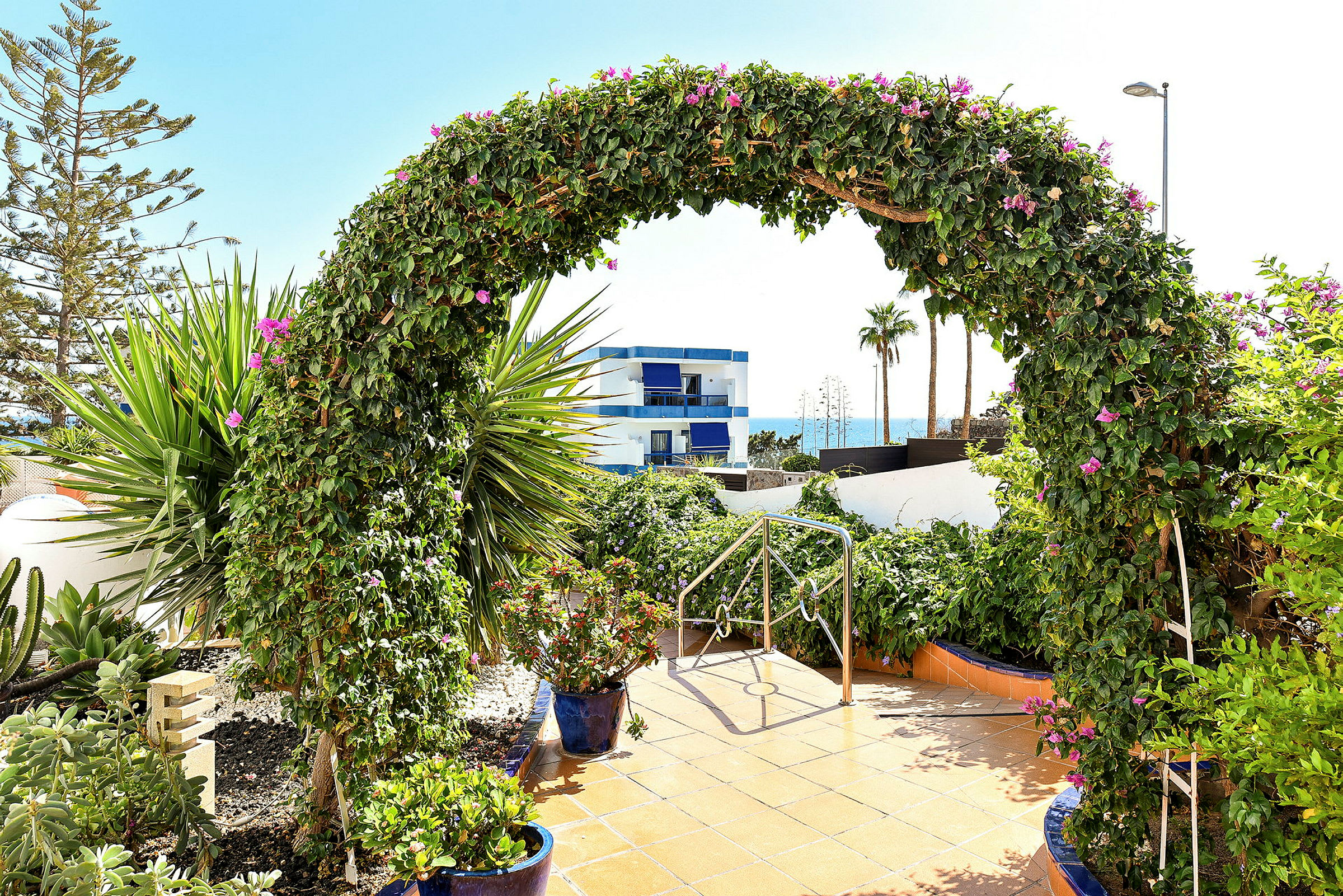 En grøn bue af planter med blomster, omgivet af en have. I baggrunden ses en bygning, palmer og havet. (AI-genereret tekst)