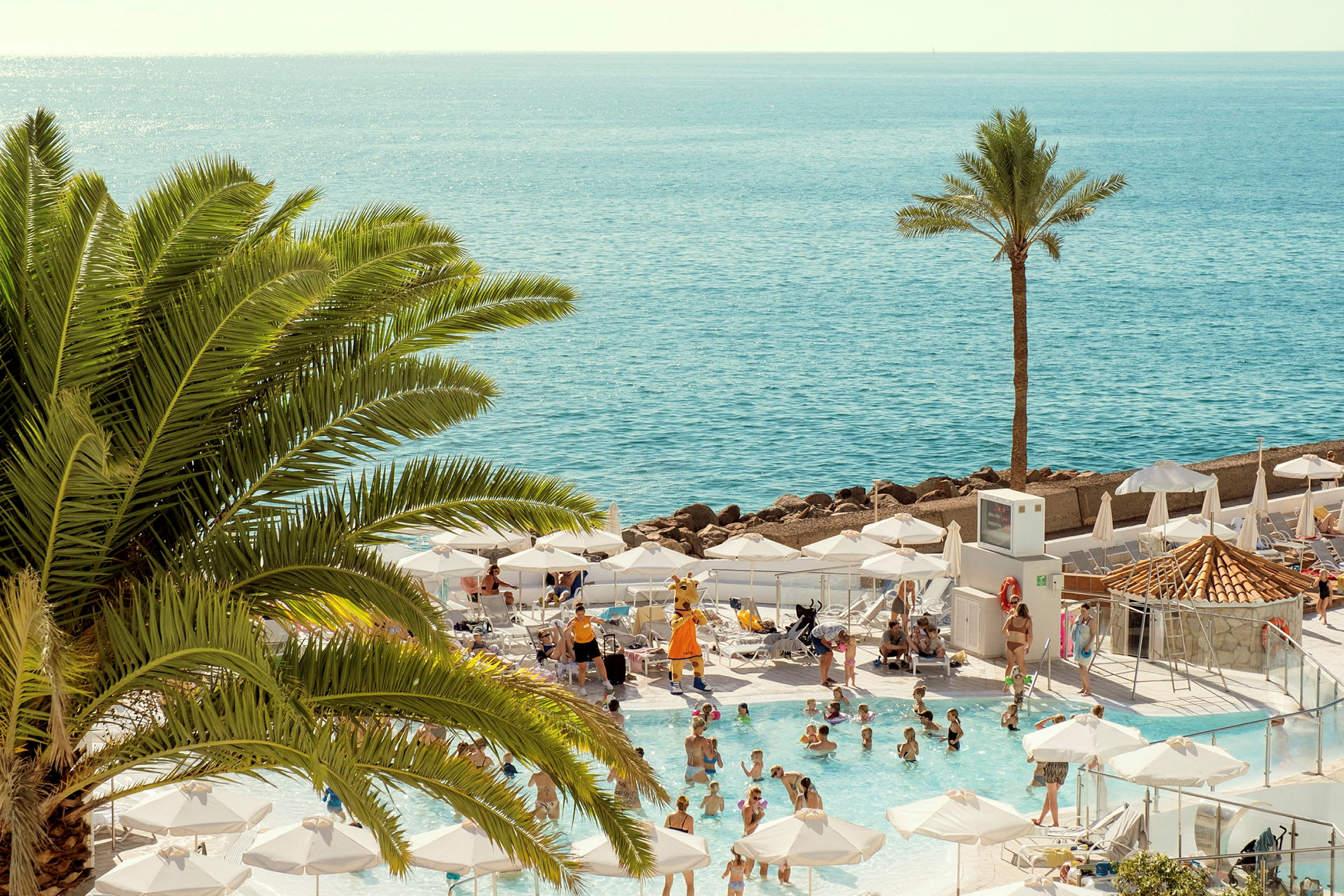 Udsigt over en pool med mennesker, parasoller og palmer ved havet. (AI-genereret tekst)