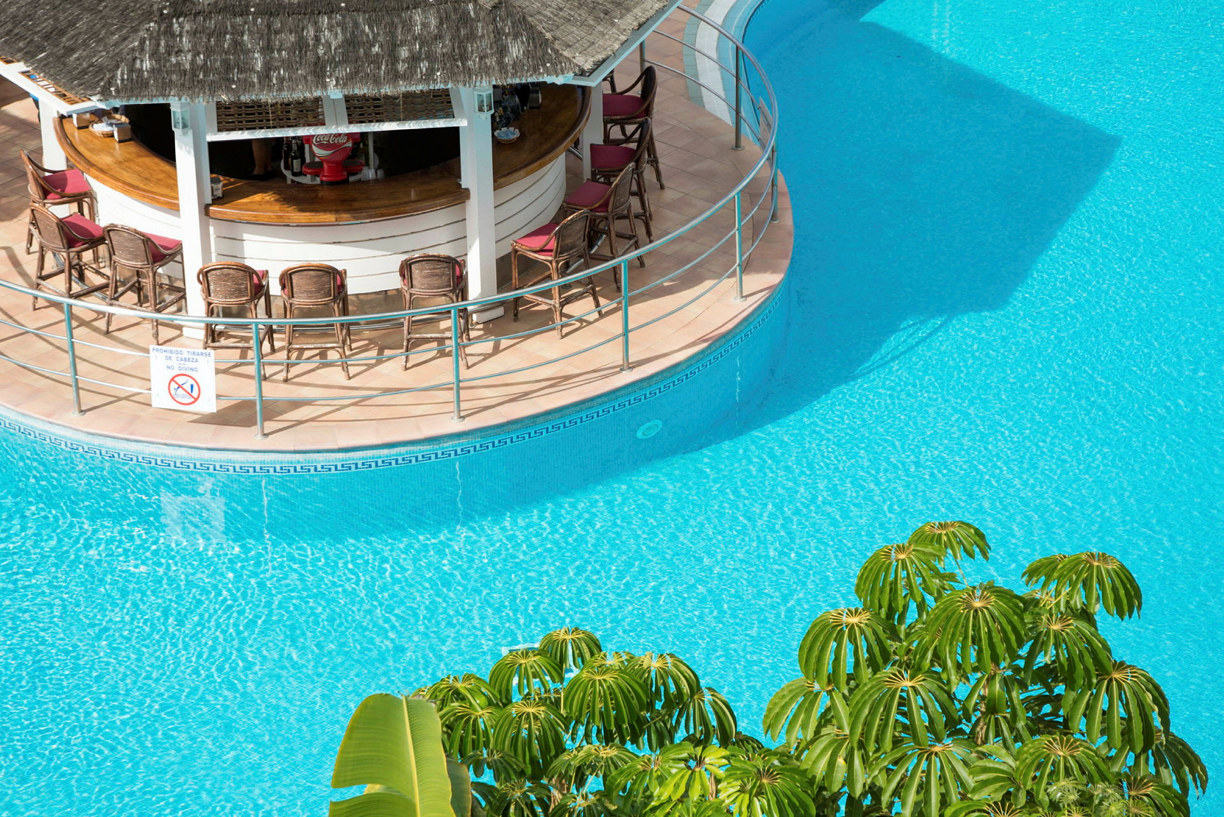 En poolbar omgivet af en blå pool og frodige planter. (AI-genereret tekst)