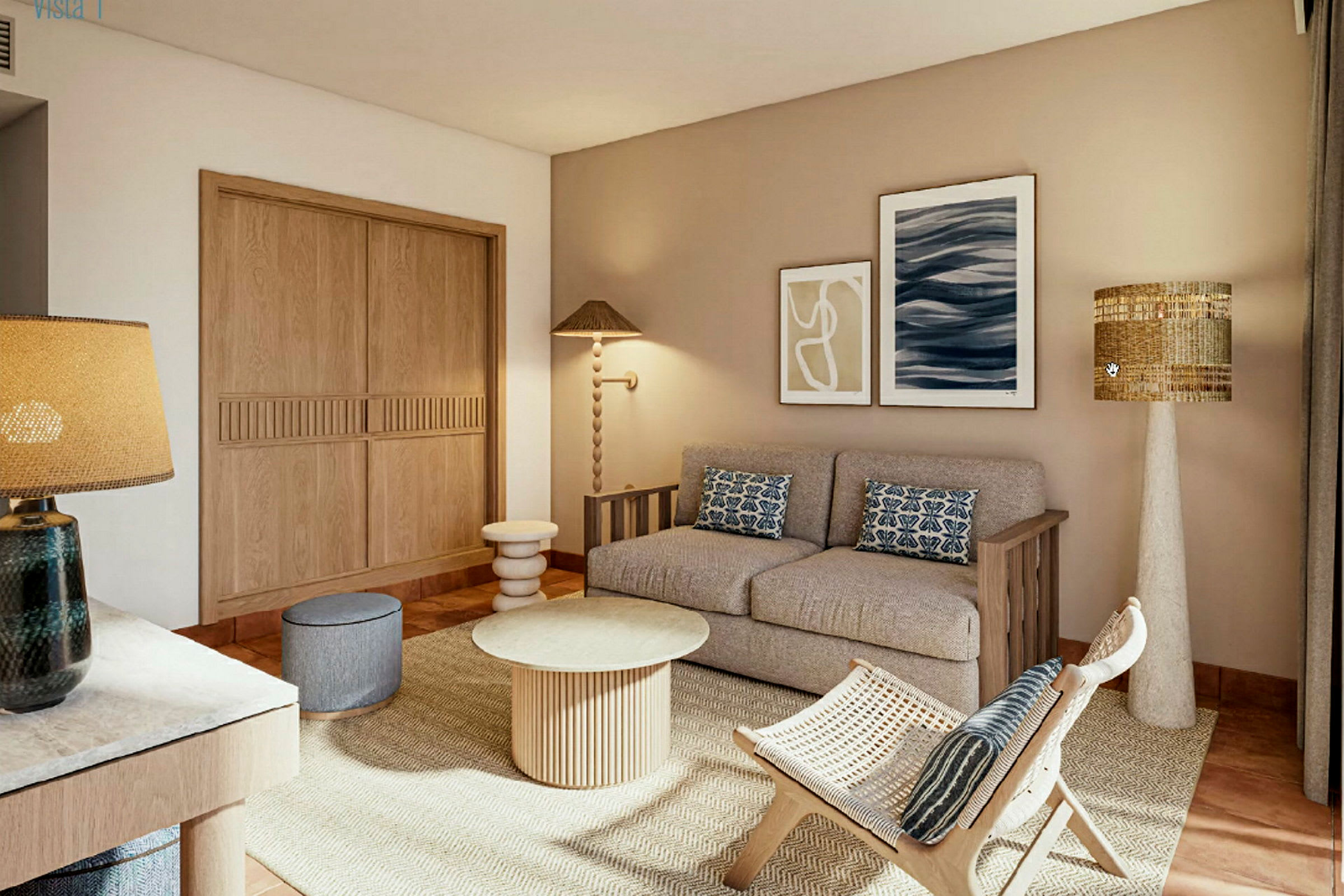 En stue med beige vægge, en sofa, en lænestol, et sofabord og moderne indretning. (AI-genereret tekst)