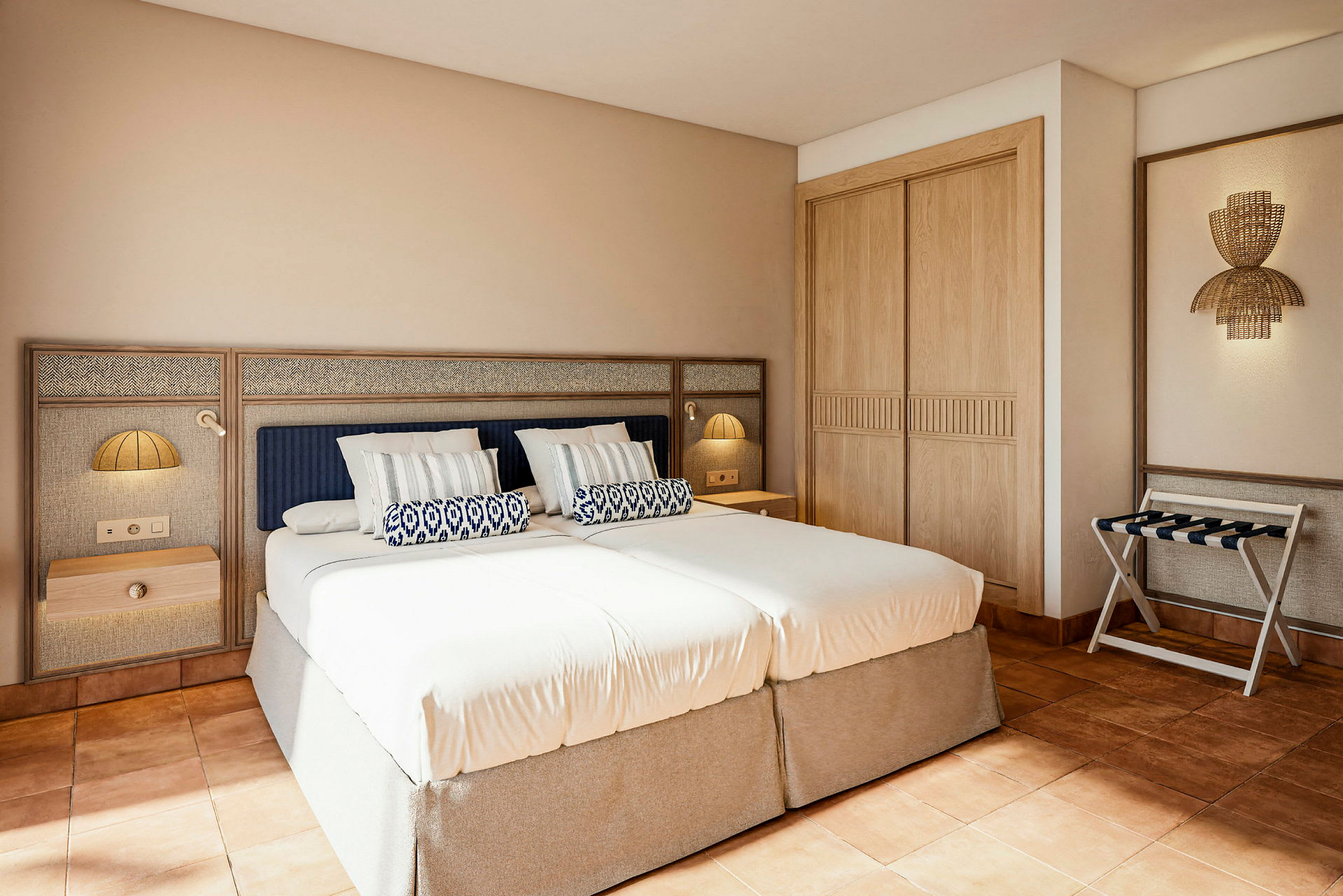 Et hotelværelse med en dobbeltseng, træmøbler og moderne design. (AI-genereret tekst)