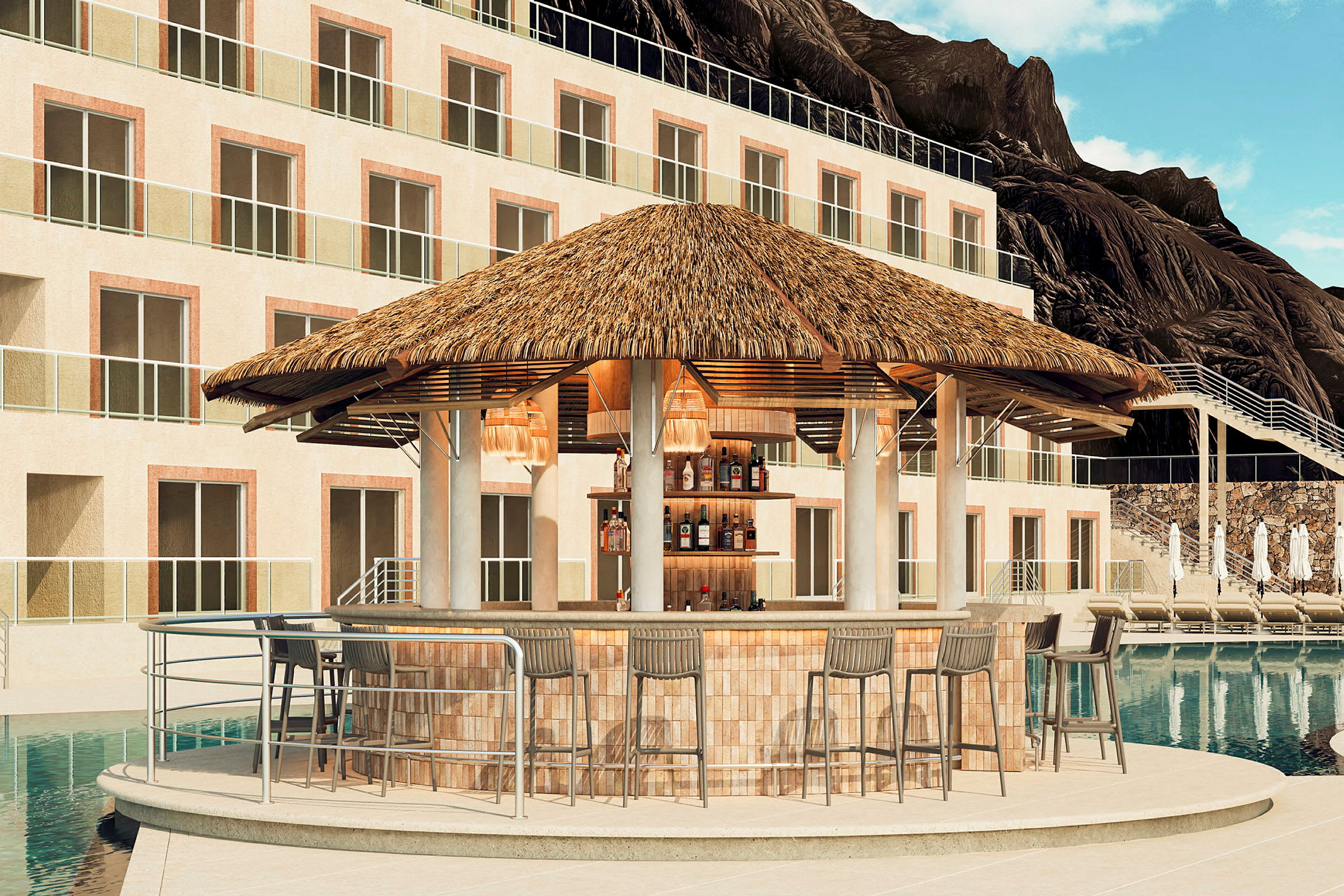 En strandbar med stråtag ved en pool, omgivet af en moderne bygning med flere altaner. (AI-genereret tekst)