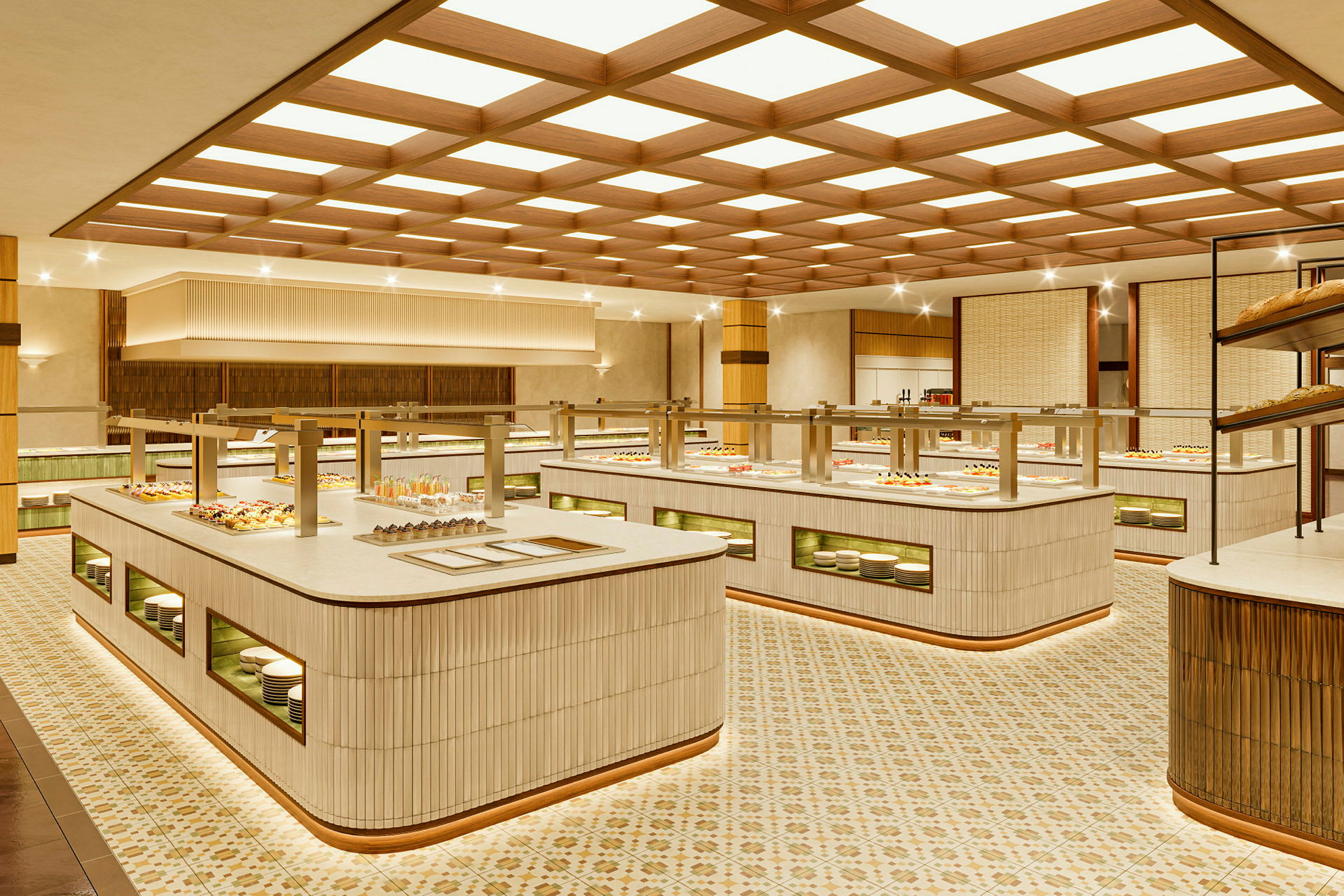 En moderne buffetrestaurant med flere serveringsstationer og varmt lys. (AI-genereret tekst)