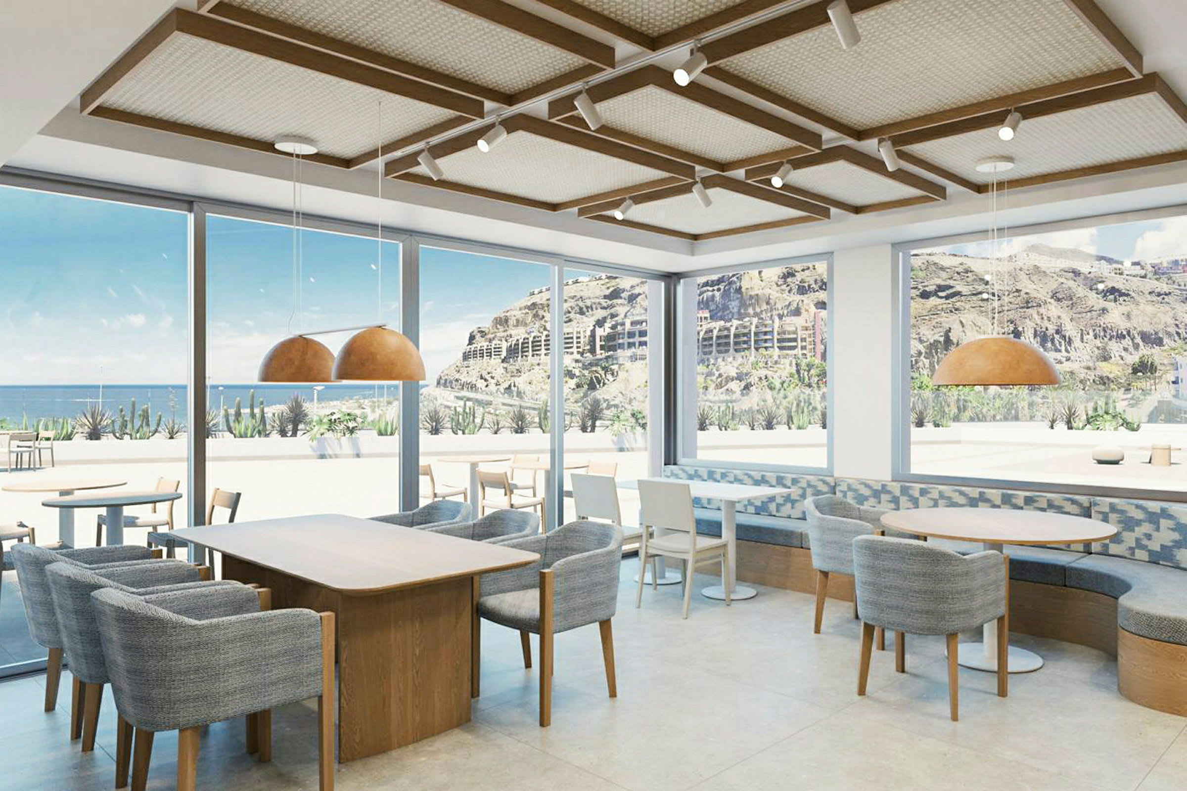 Moderne café med store vinduer og udsigt over bjerge og hav. (AI-genereret tekst)