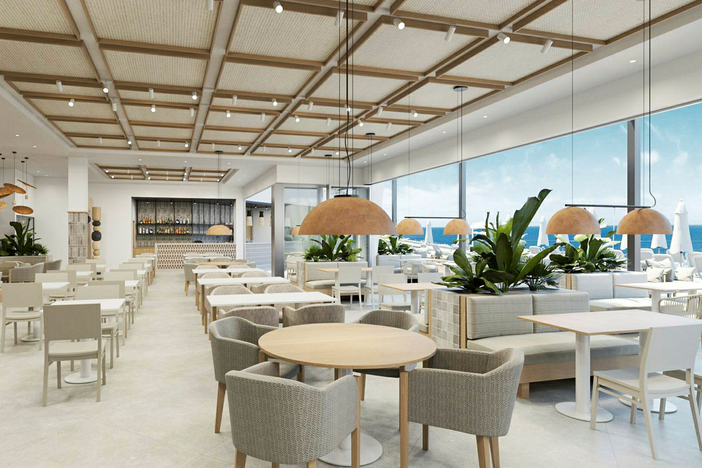 En restaurant med moderne indretning og store vinduer mod havet. (AI-genereret tekst)