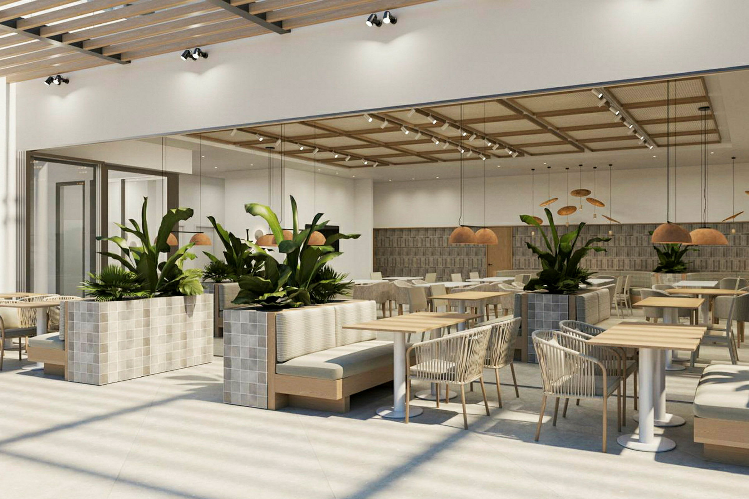 Indendørs billede af en moderne restaurant med siddepladser, borde og store grønne planter. (AI-genereret tekst)