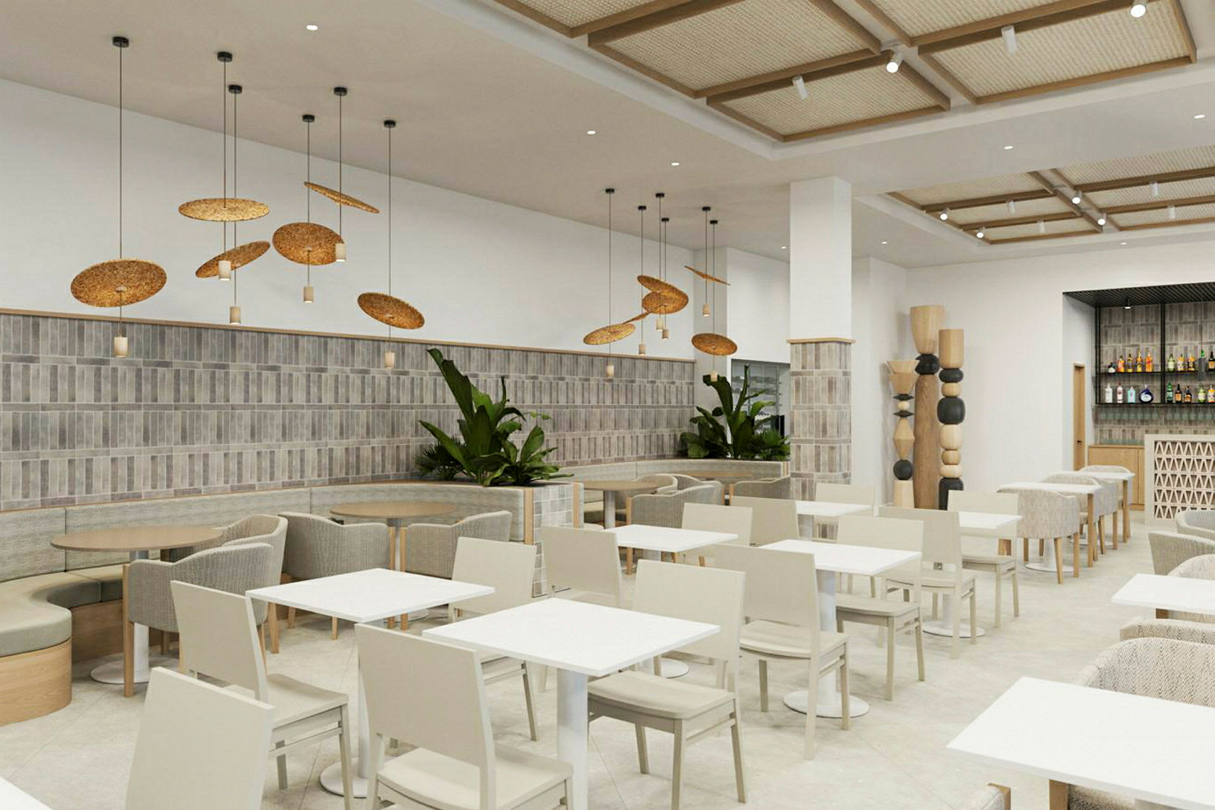 Billede af en moderne indrettet restaurant med hvide borde og beige stole, store planter og dekorative lamper. (AI-genereret tekst)
