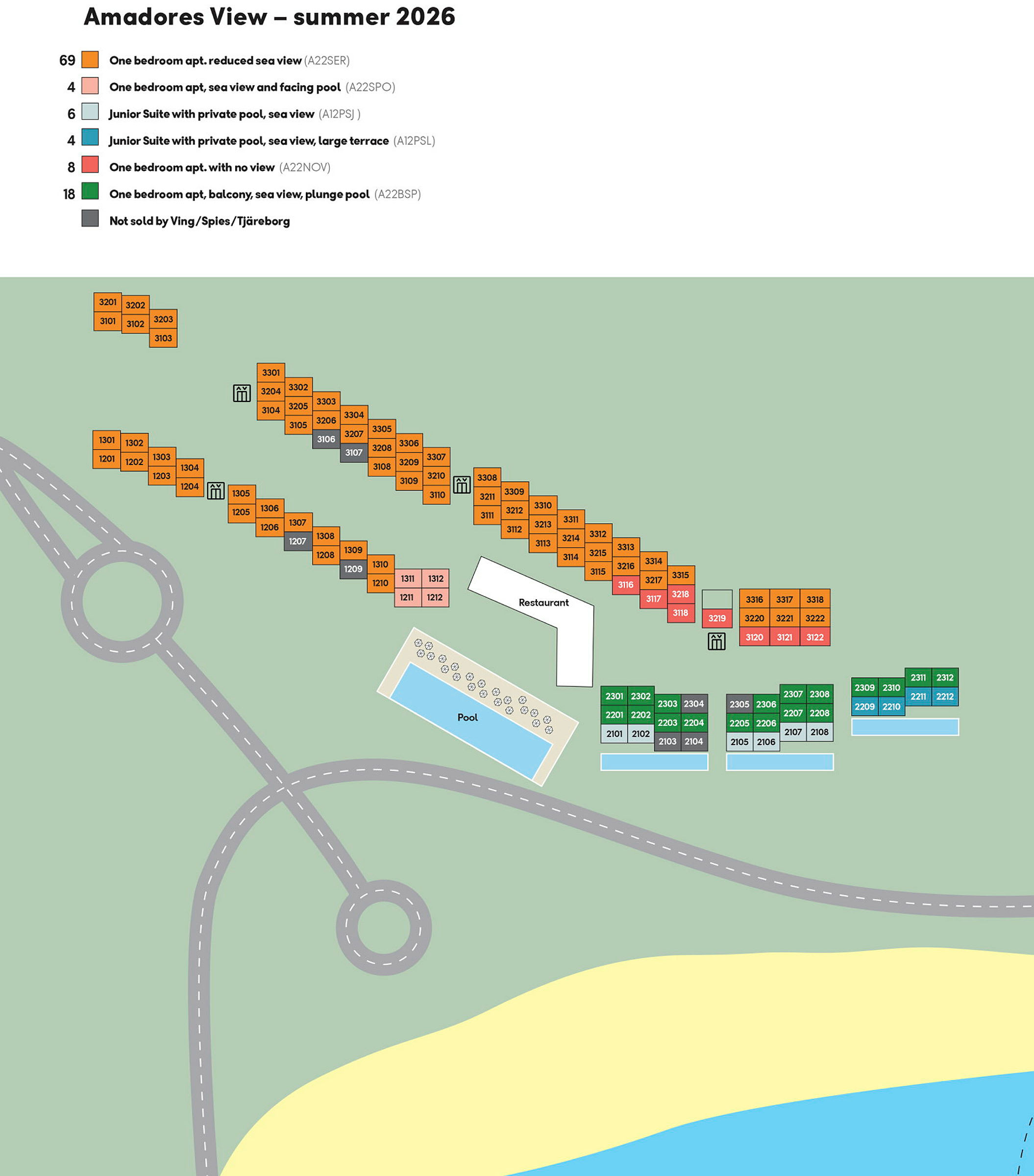 Illustration af en ferieby, der viser bygninger, pool, restaurant og veje. (AI-genereret tekst)