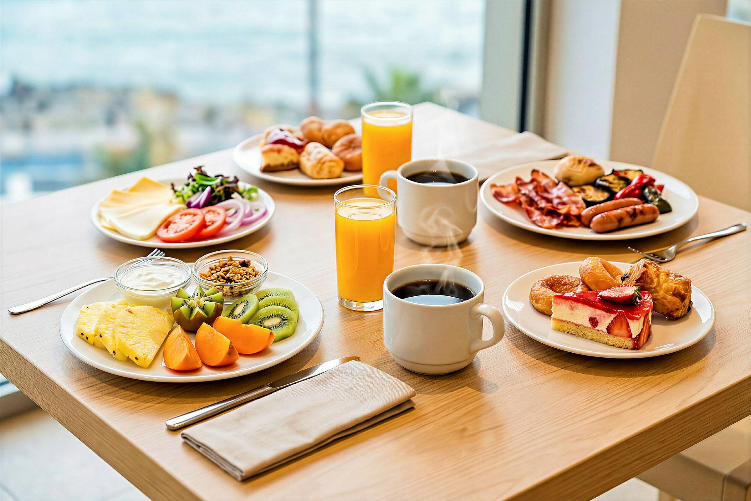 En morgenmadsopstilling på et bord med juice, kaffe, forskellige småretter, frugt og bagværk. (AI-genereret tekst)