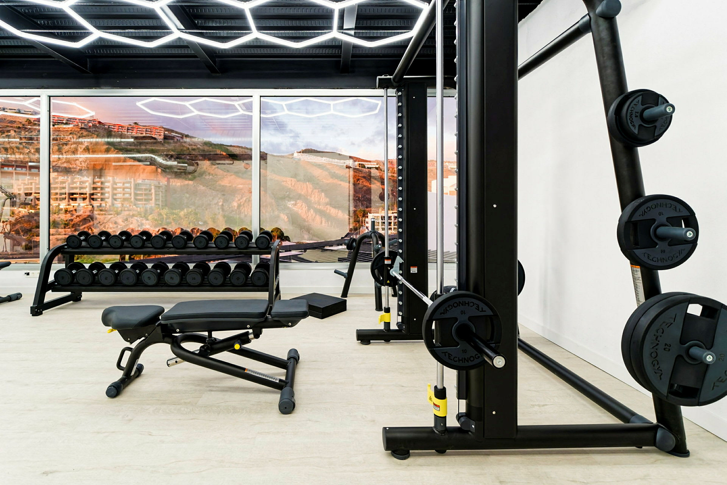 Billede af et fitnesscenter med træningsudstyr, herunder håndvægte og en træningsbænk, med en stor vinduesudsigt til landskabet i baggrunden. (AI-genereret tekst)