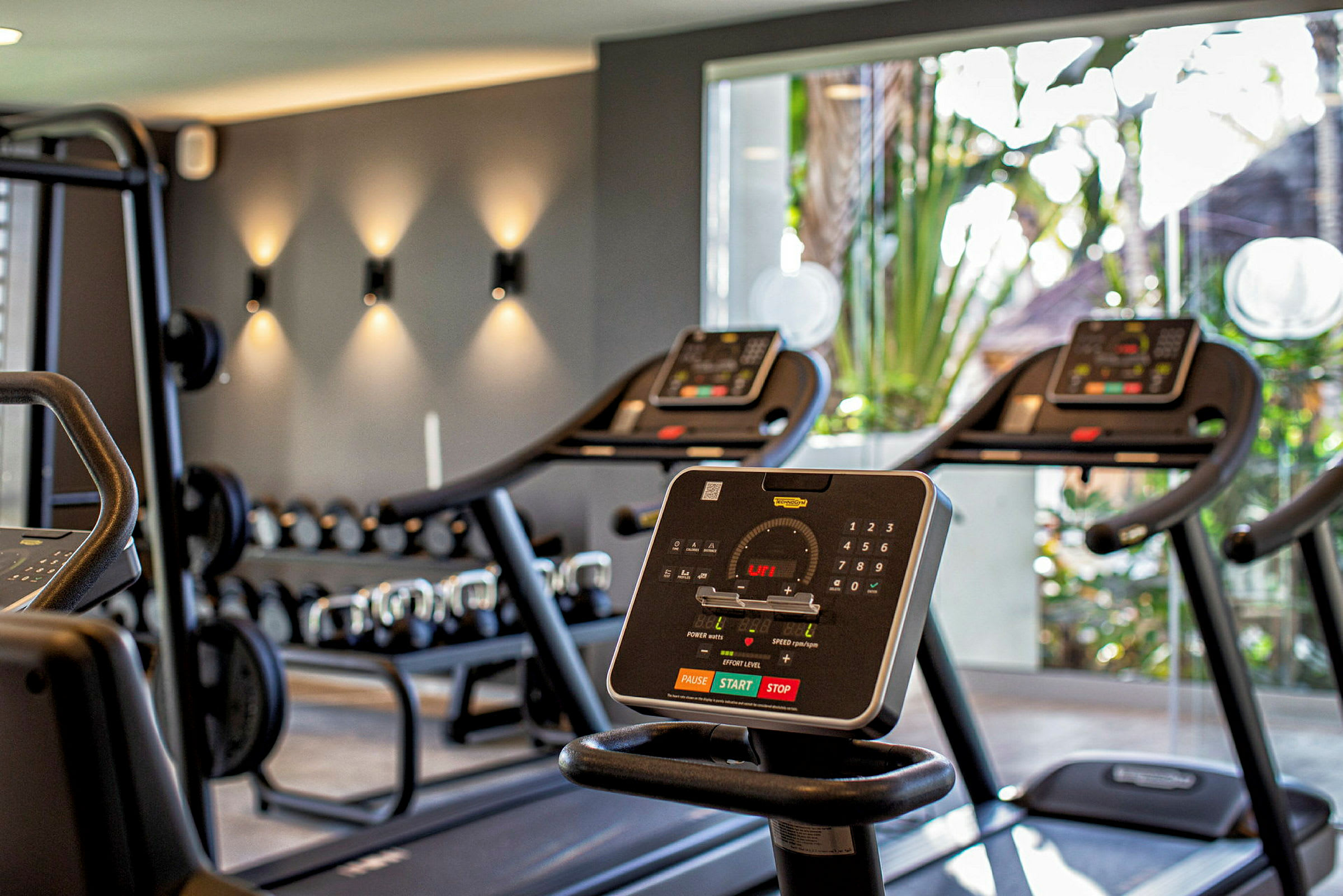 Billede af træningsudstyr i et fitnesscenter, herunder løbebånd og håndvægte. (AI-genereret tekst)