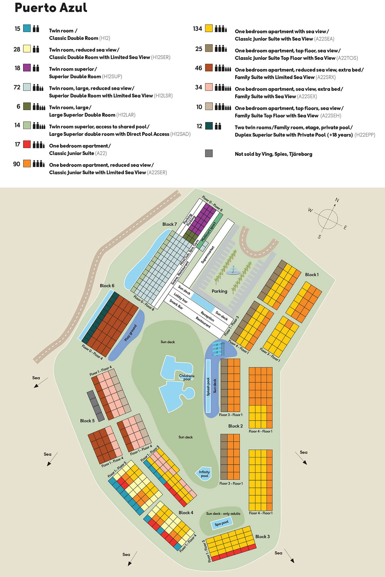 Oversigtskort over ferieområdet Puerto Azul med forskellige bygninger, pools og områder markeret. (AI-genereret tekst)