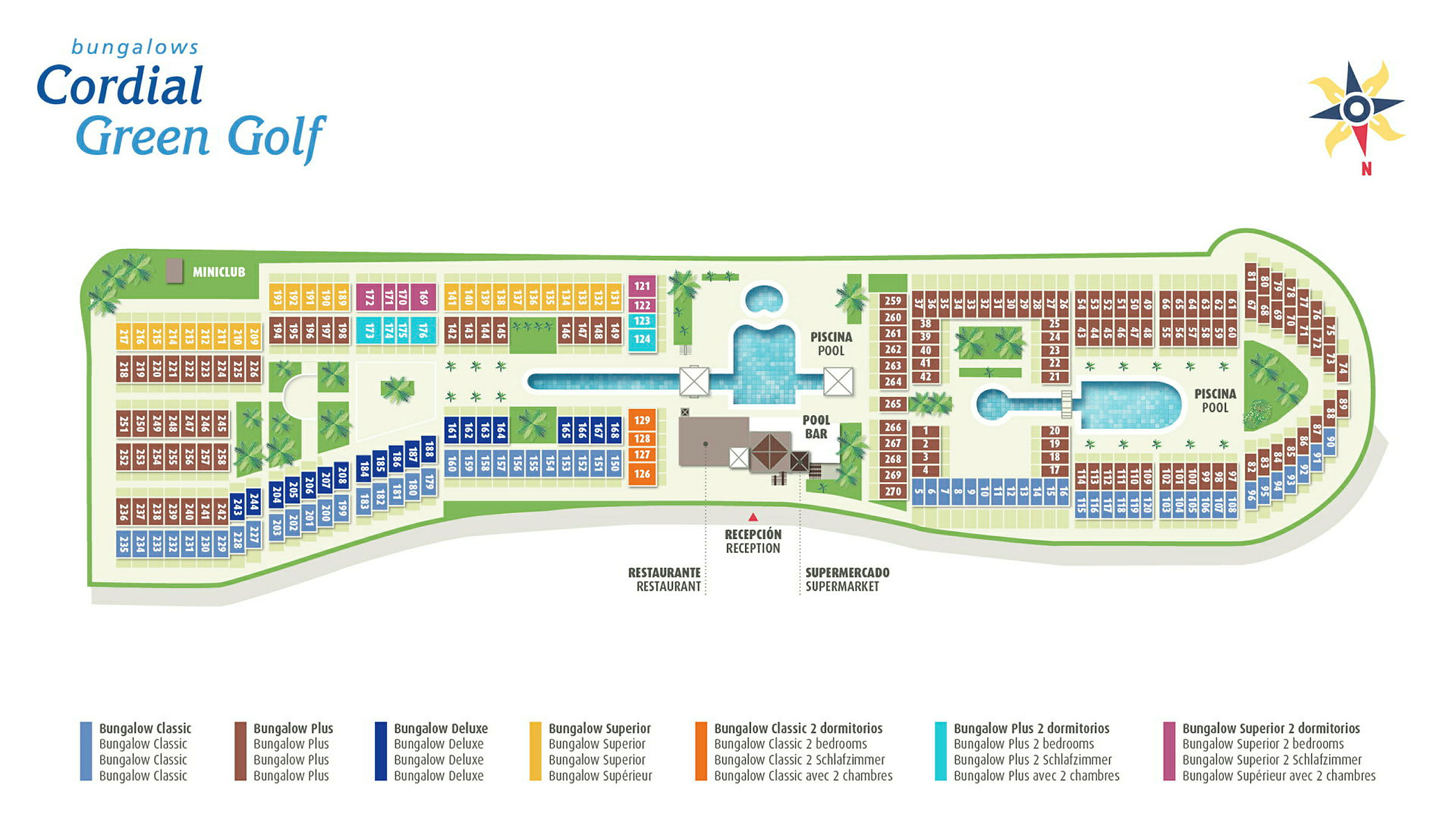 Illustration af et kortlayout over Cordial Green Golf bungalowkomplekset, der viser forskellige typer boliger, swimmingpools, reception, restaurant og andre faciliteter. (AI-genereret tekst)