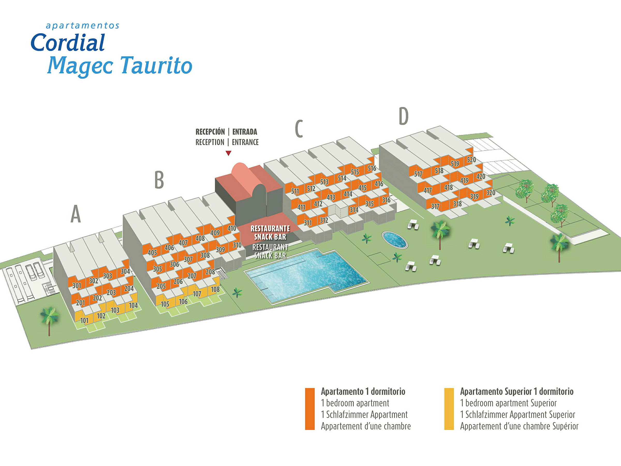 Illustration af hotelområdet Cordial Magec Taurito med markerede værelser, swimmingpool, have og andre faciliteter. (AI-genereret tekst)